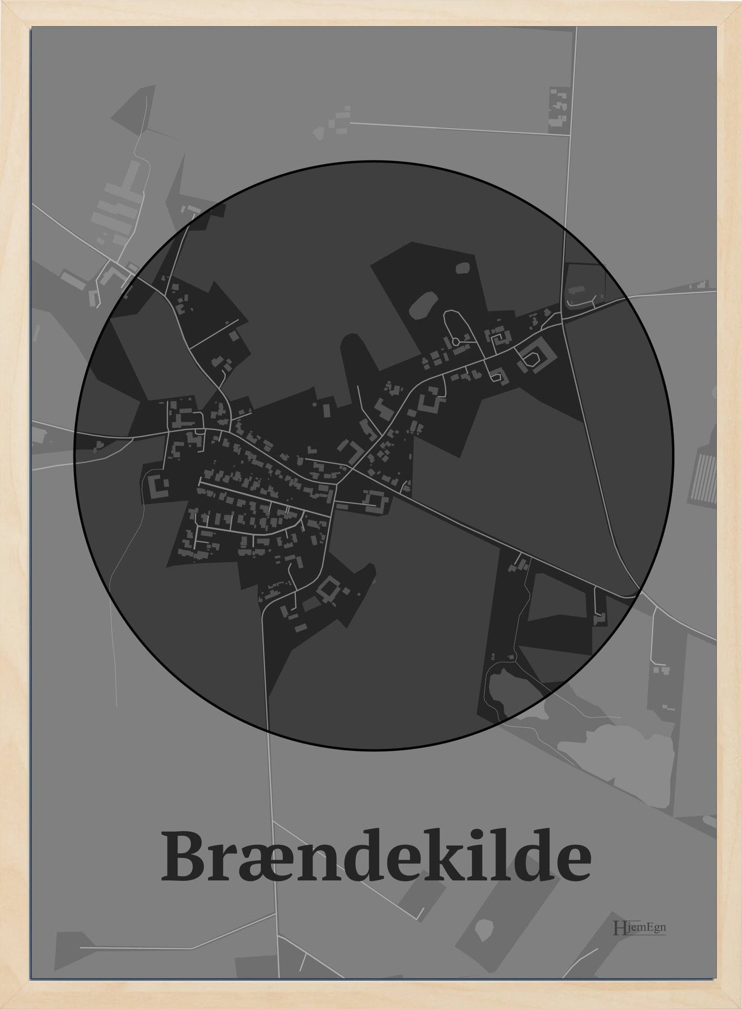 Brændekilde plakat i farve mørk grå og HjemEgn.dk design centrum. Design bykort for Brændekilde