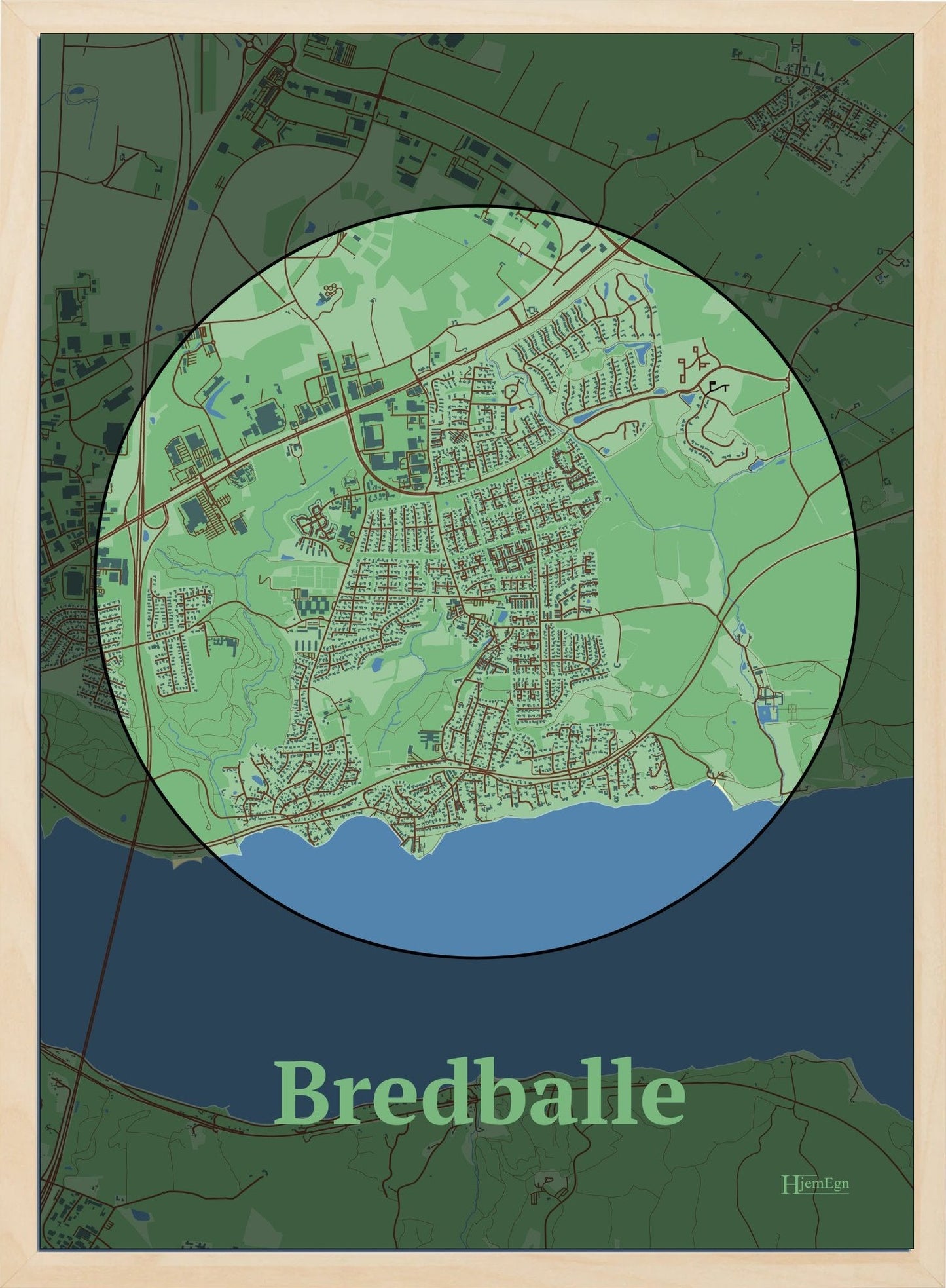 Bredballe plakat i farve pastel grøn og HjemEgn.dk design centrum. Design bykort for Bredballe