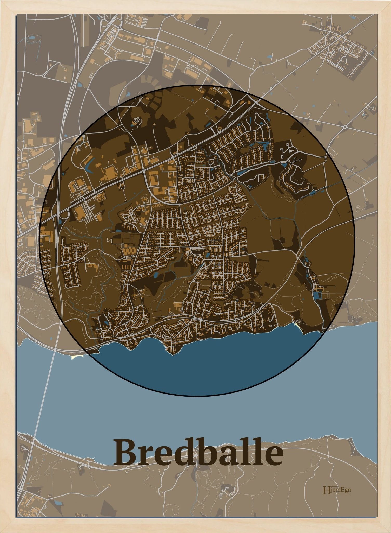 Bredballe plakat i farve mørk brun og HjemEgn.dk design centrum. Design bykort for Bredballe
