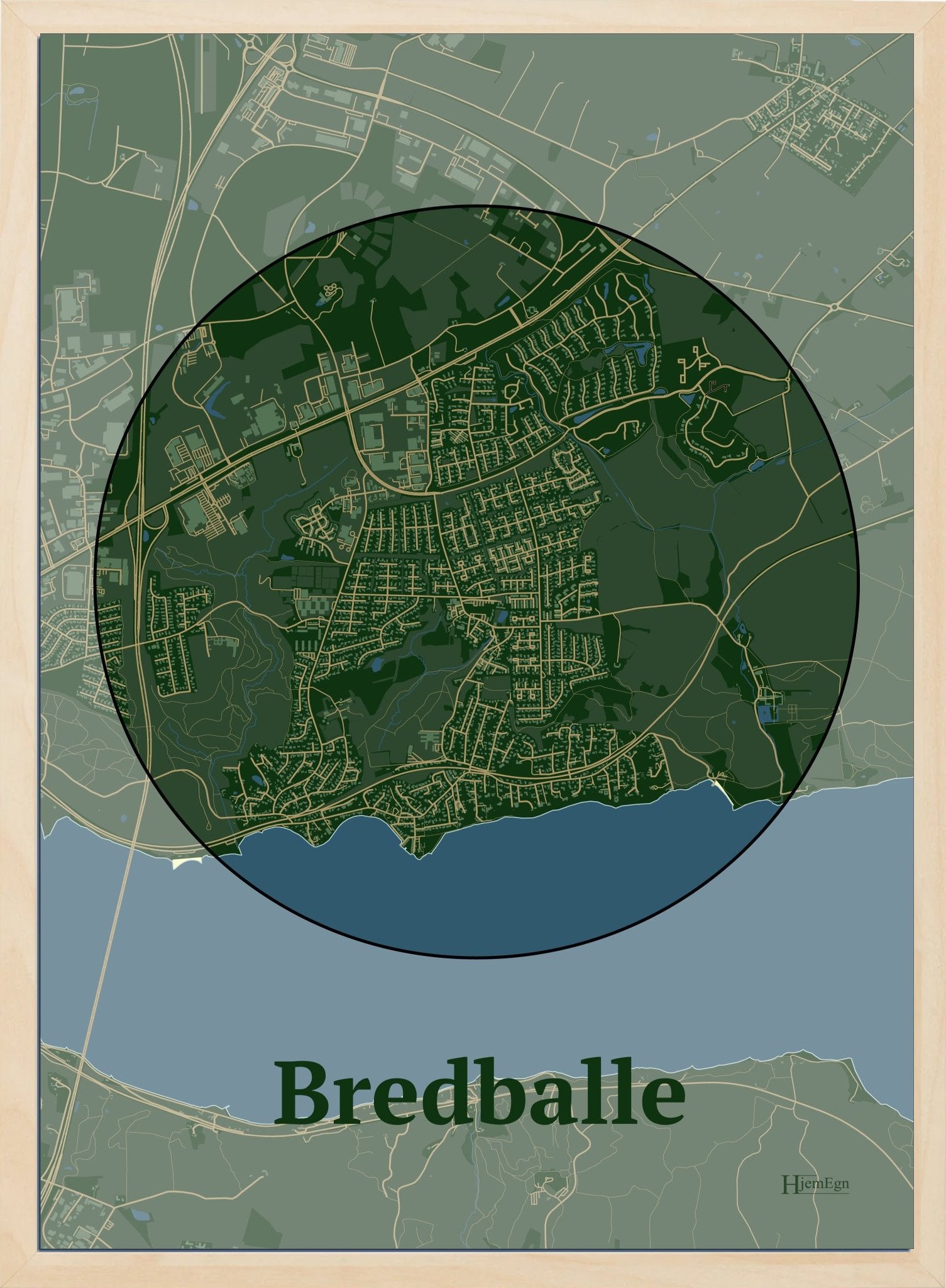 Bredballe plakat i farve mørk grøn og HjemEgn.dk design centrum. Design bykort for Bredballe