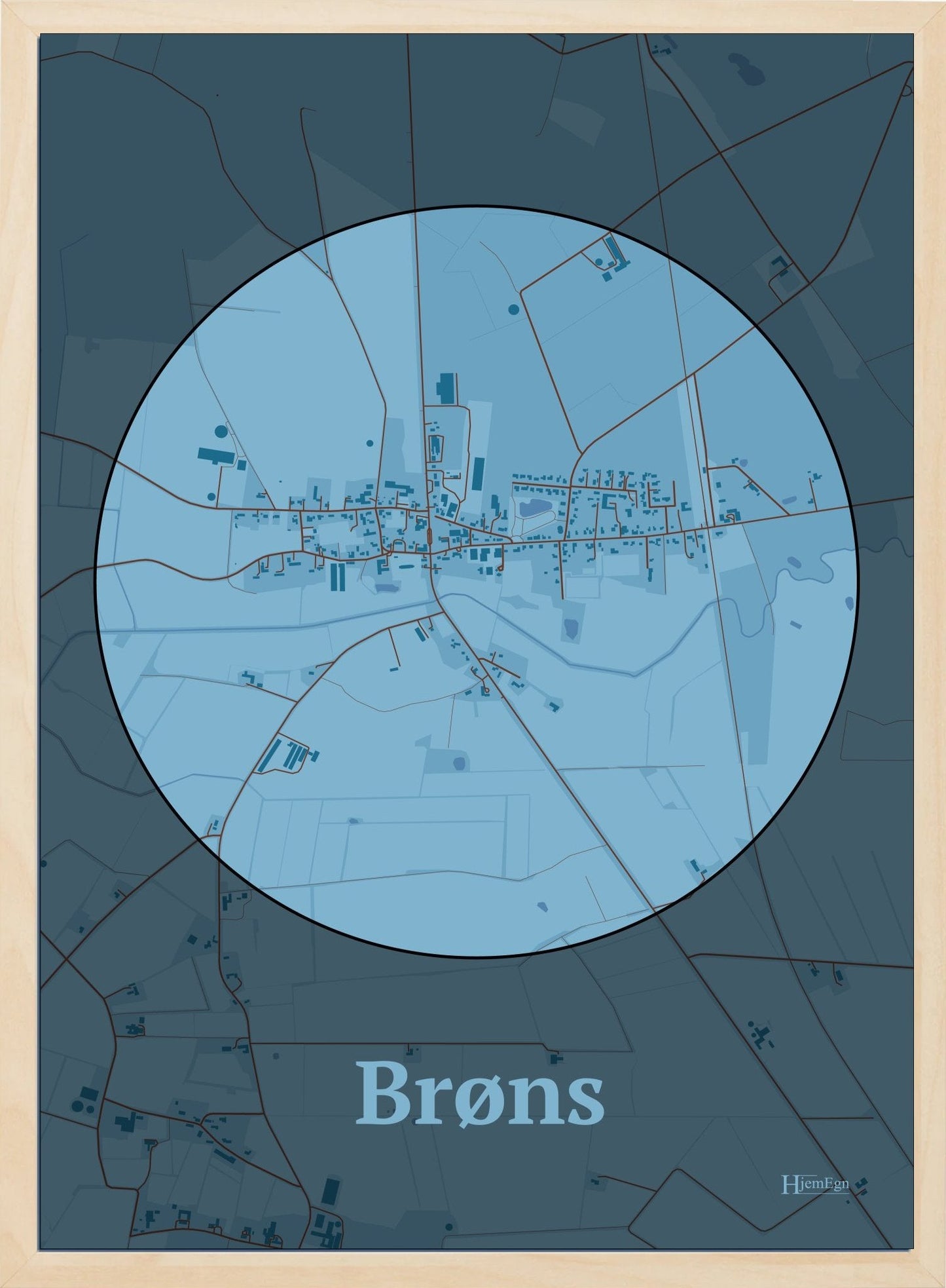 Brøns plakat i farve pastel blå og HjemEgn.dk design centrum. Design bykort for Brøns