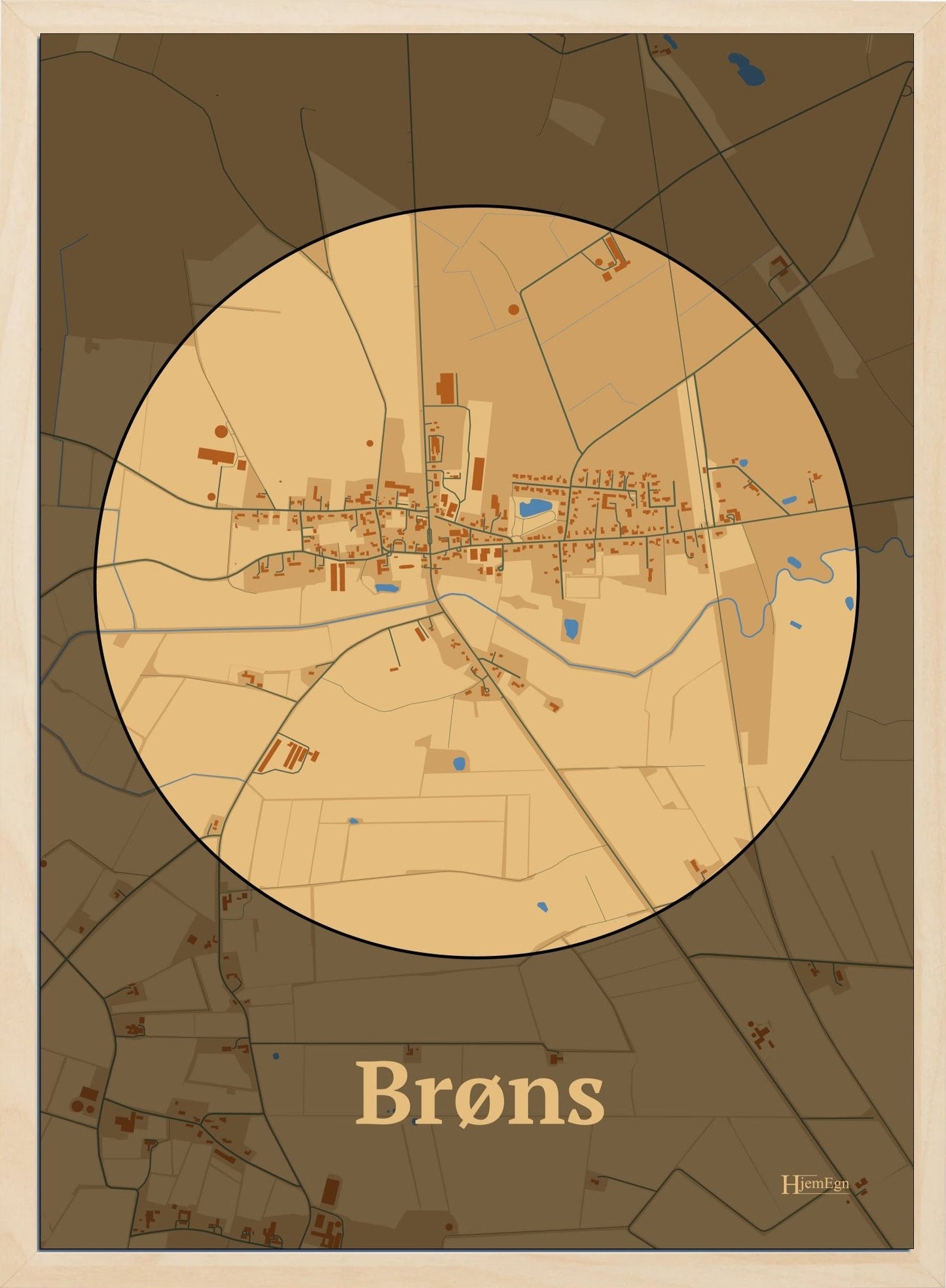 Brøns plakat i farve pastel brun og HjemEgn.dk design centrum. Design bykort for Brøns