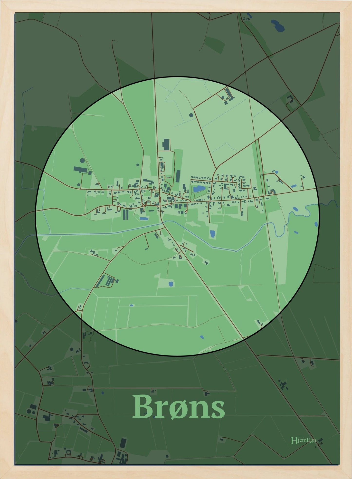 Brøns plakat i farve pastel grøn og HjemEgn.dk design centrum. Design bykort for Brøns