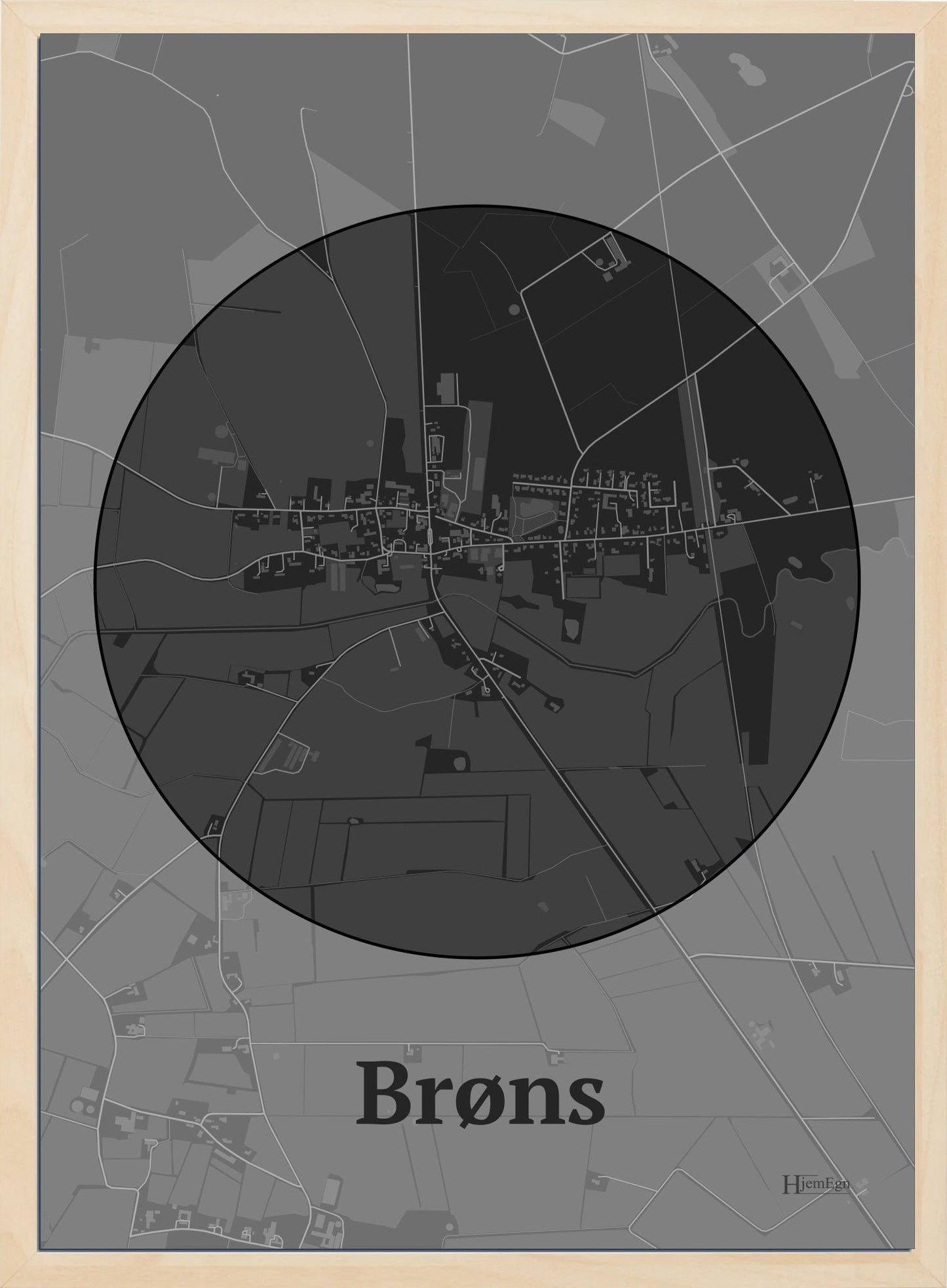 Brøns plakat i farve mørk grå og HjemEgn.dk design centrum. Design bykort for Brøns