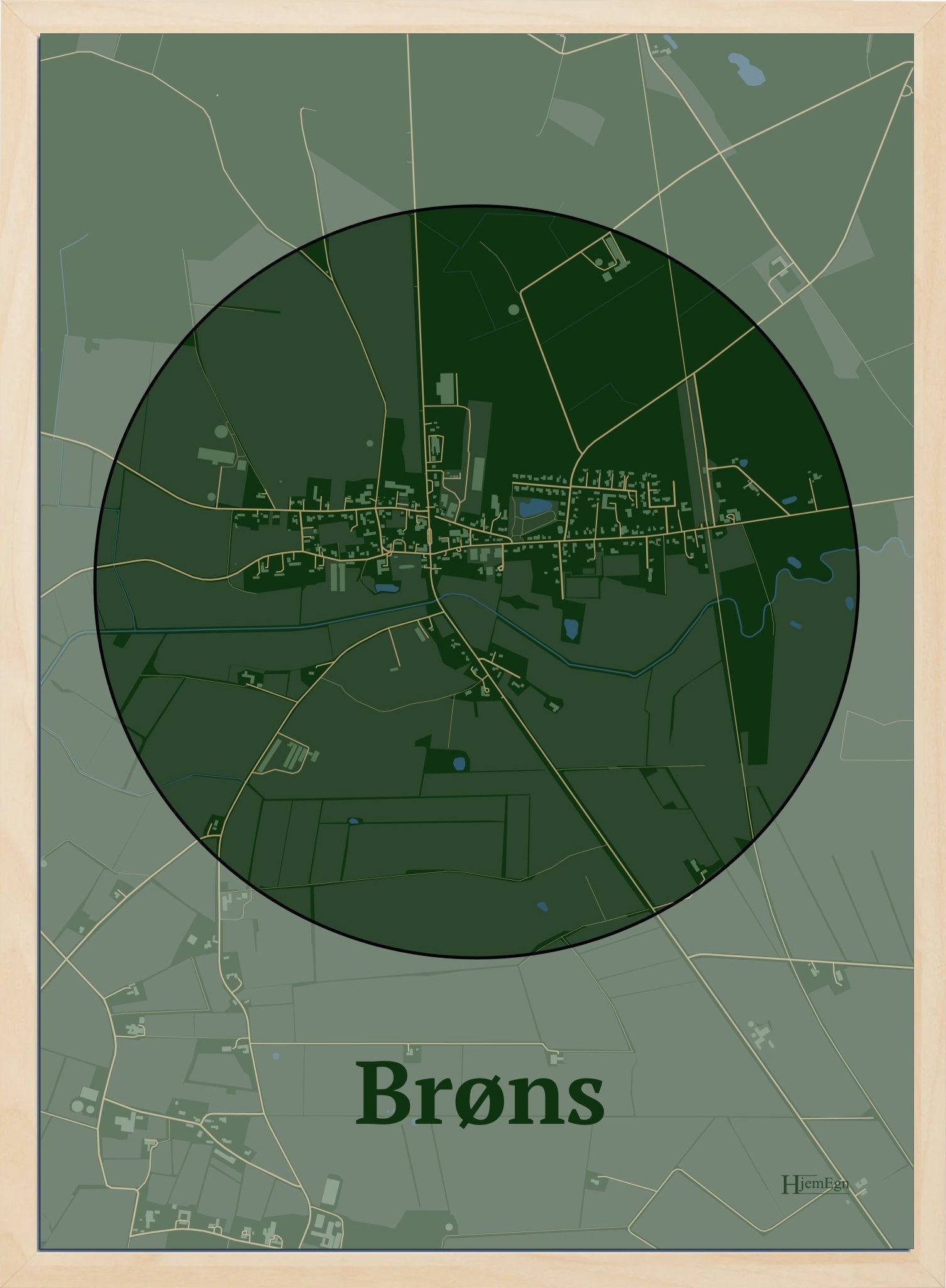 Brøns plakat i farve mørk grøn og HjemEgn.dk design centrum. Design bykort for Brøns