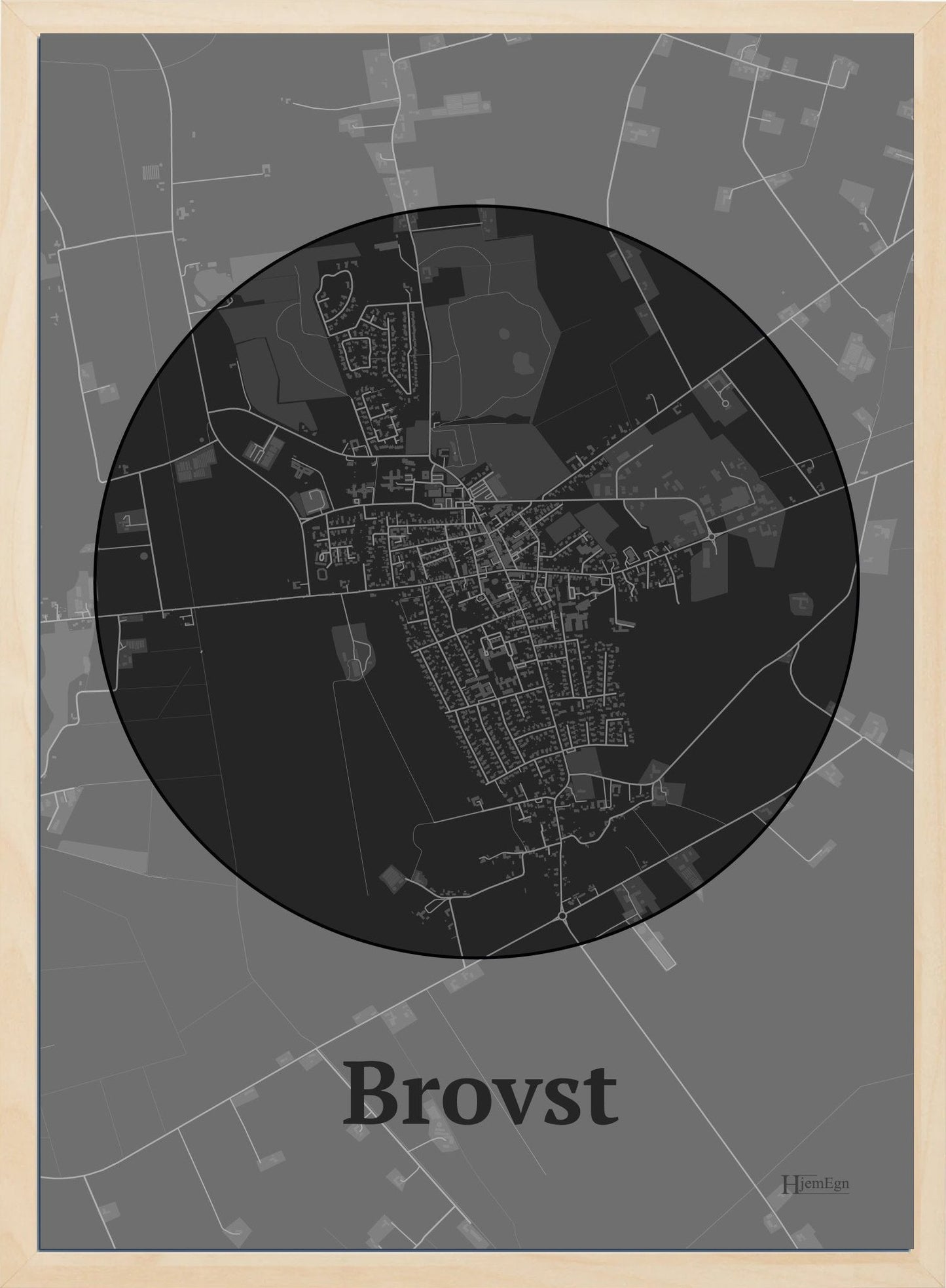 Brovst plakat i farve mørk grå og HjemEgn.dk design centrum. Design bykort for Brovst