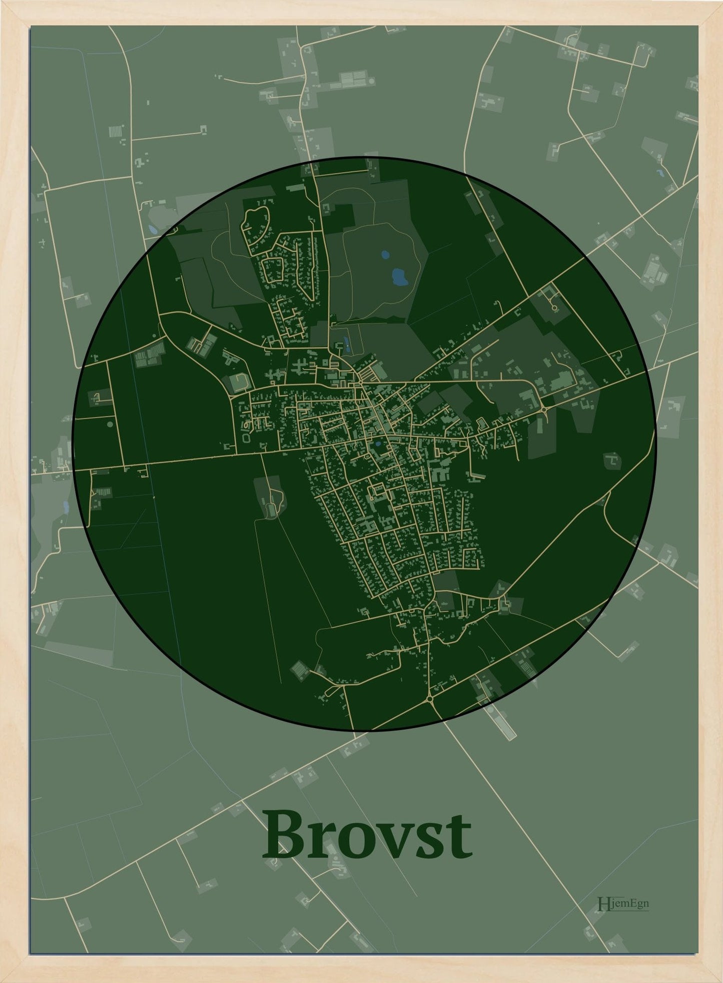 Brovst plakat i farve mørk grøn og HjemEgn.dk design centrum. Design bykort for Brovst