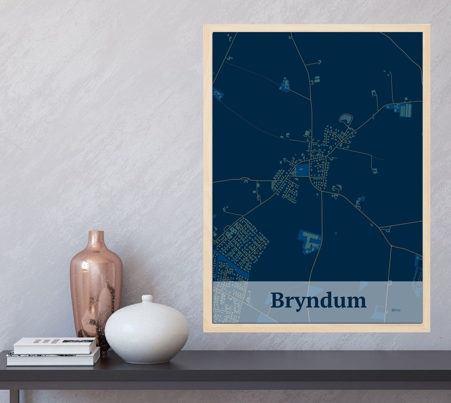 Bryndum plakat i farve  og HjemEgn.dk design firkantet. Design bykort for Bryndum