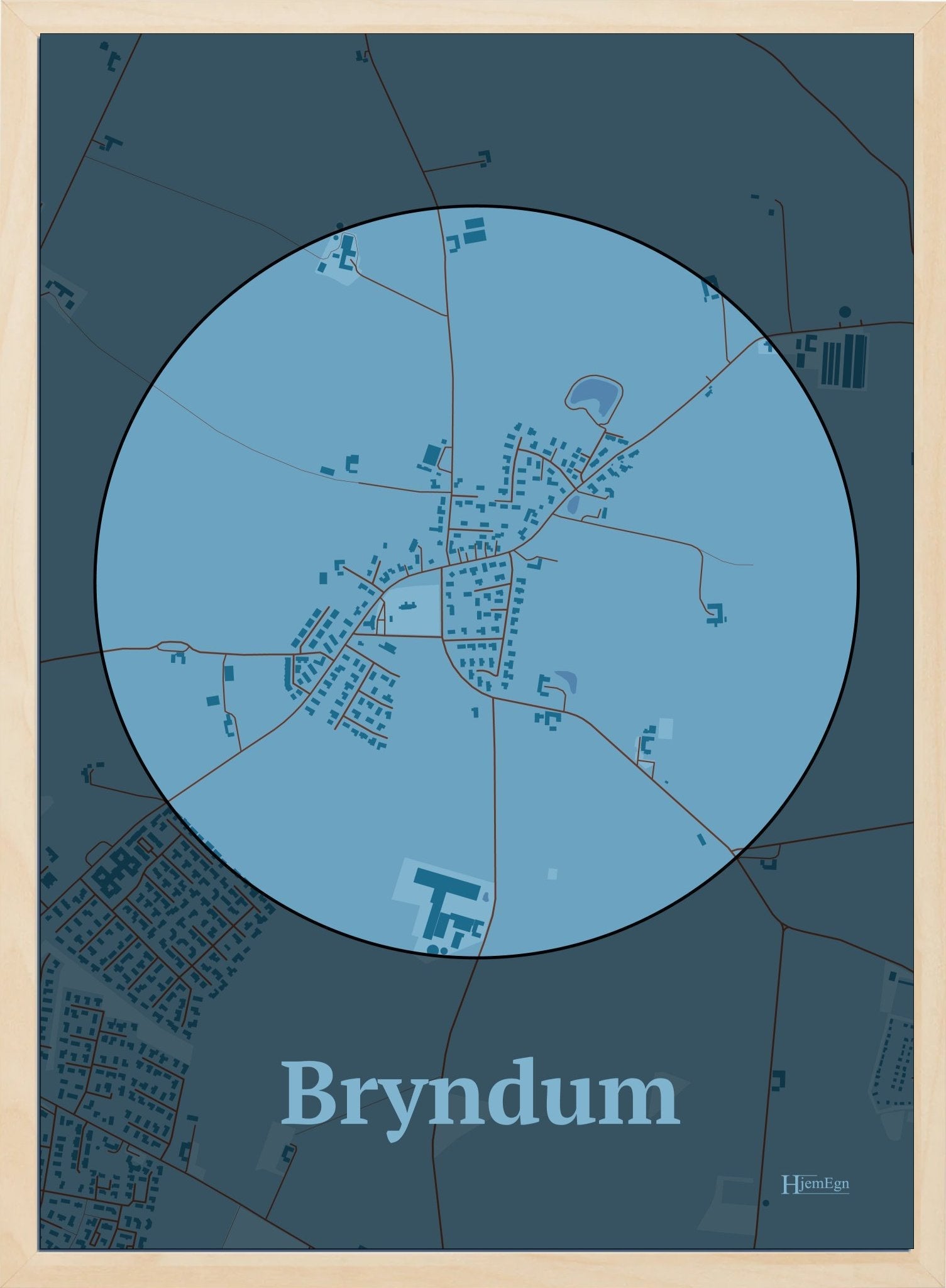 Bryndum plakat i farve pastel blå og HjemEgn.dk design centrum. Design bykort for Bryndum