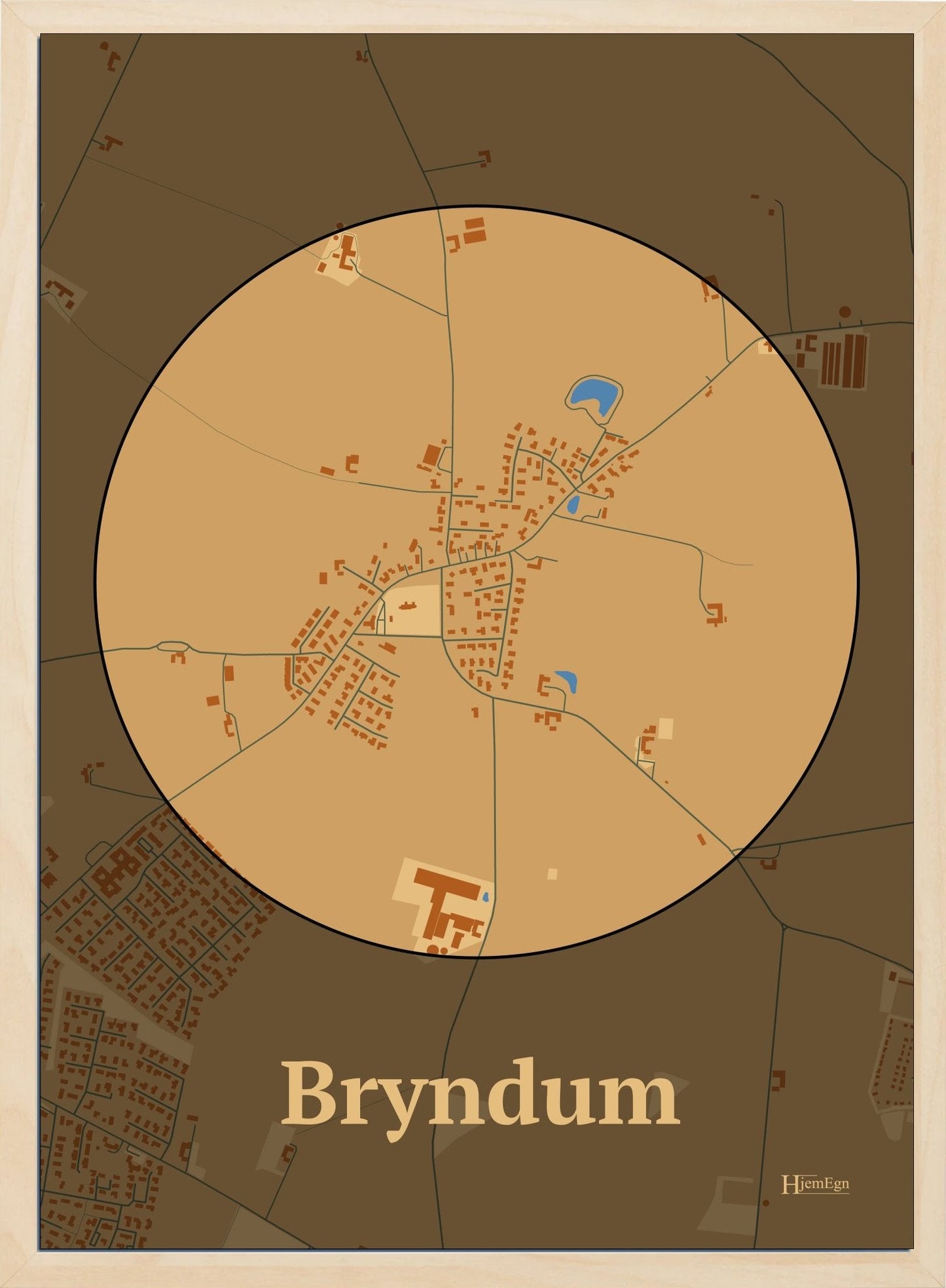 Bryndum plakat i farve pastel brun og HjemEgn.dk design centrum. Design bykort for Bryndum