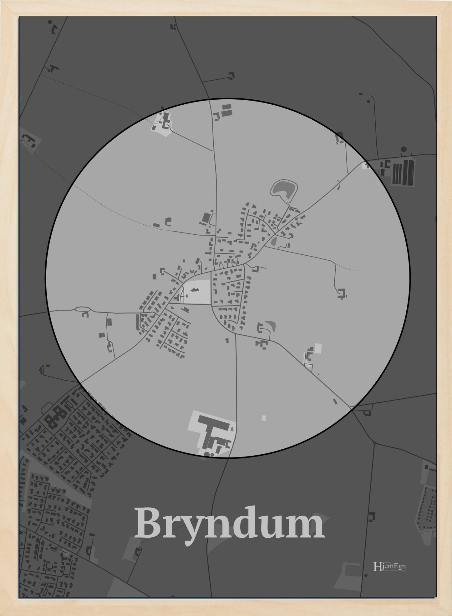 Bryndum plakat i farve pastel grå og HjemEgn.dk design centrum. Design bykort for Bryndum
