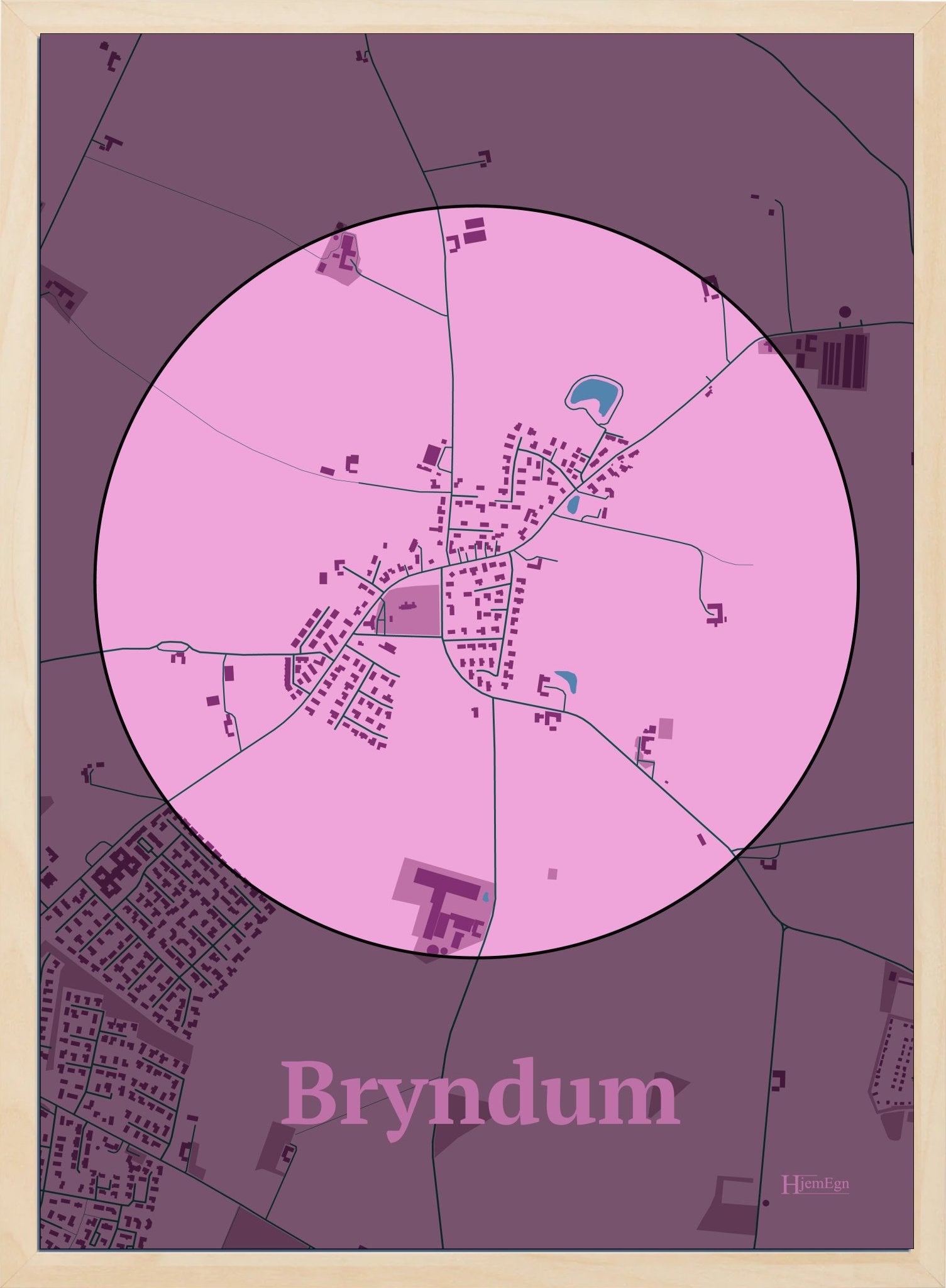 Bryndum plakat i farve pastel rød og HjemEgn.dk design centrum. Design bykort for Bryndum