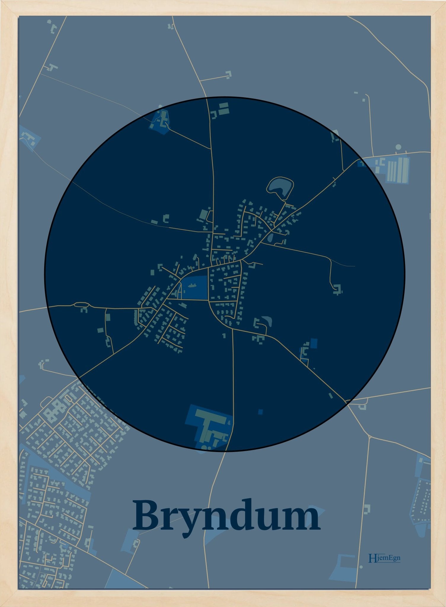 Bryndum plakat i farve mørk blå og HjemEgn.dk design centrum. Design bykort for Bryndum
