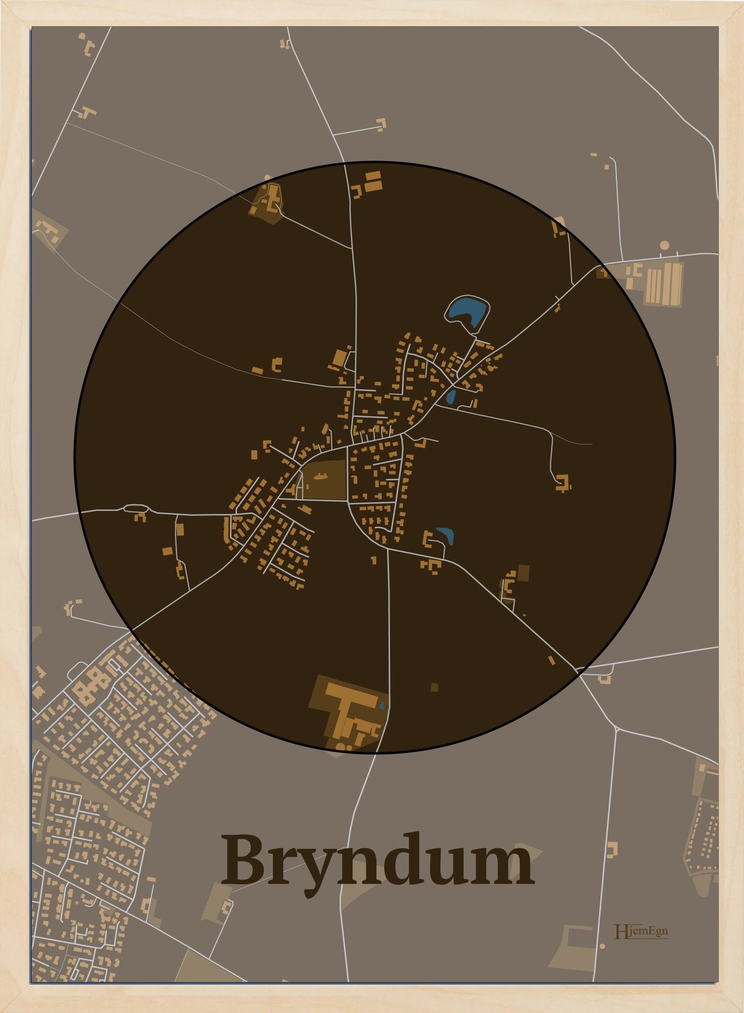 Bryndum plakat i farve mørk brun og HjemEgn.dk design centrum. Design bykort for Bryndum