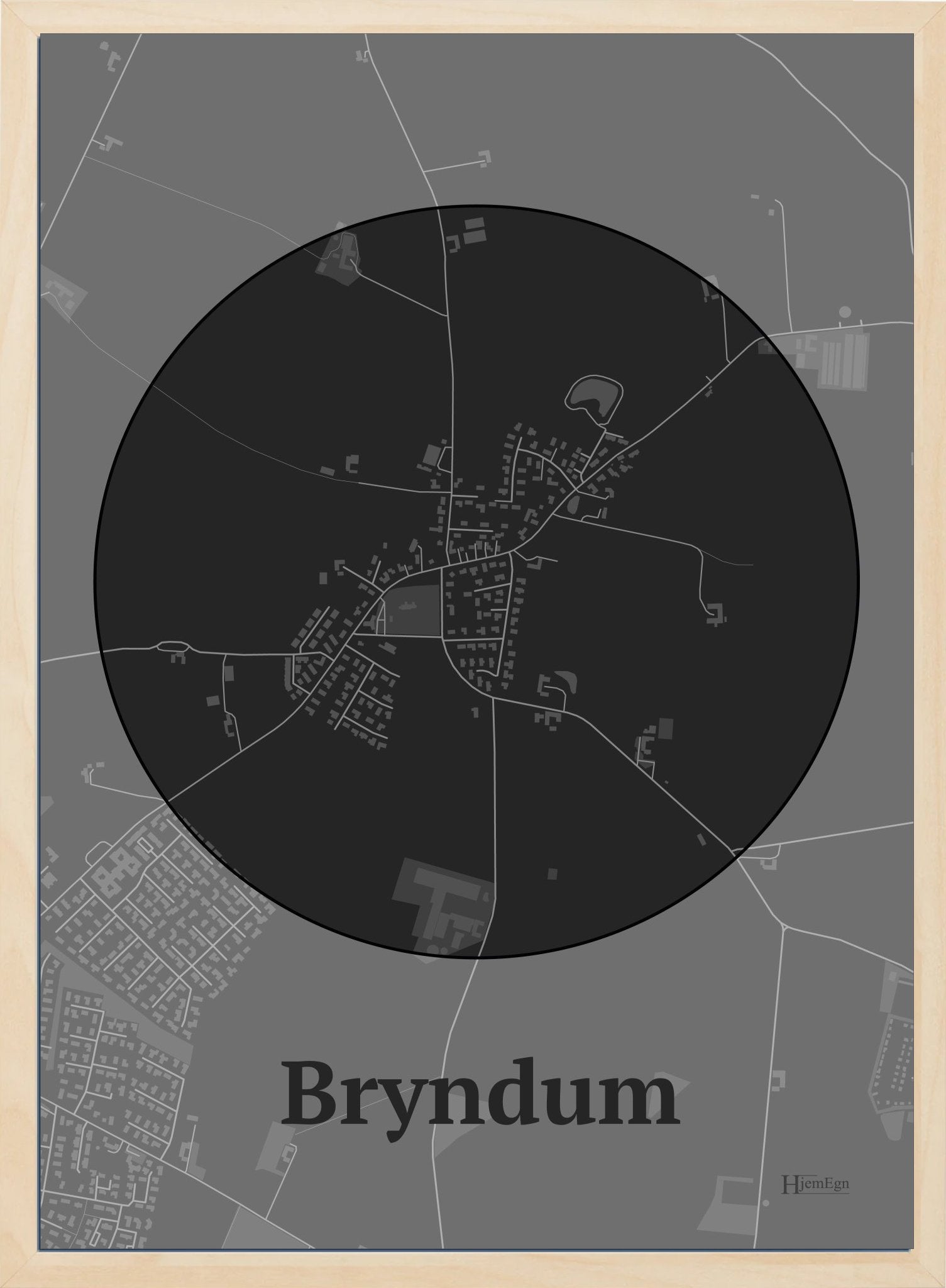 Bryndum plakat i farve mørk grå og HjemEgn.dk design centrum. Design bykort for Bryndum