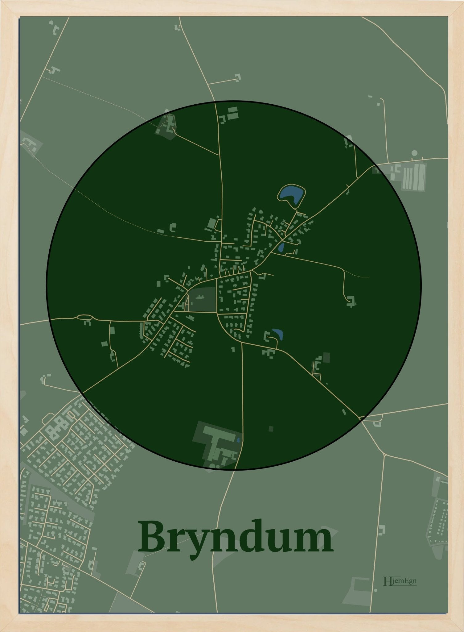 Bryndum plakat i farve mørk grøn og HjemEgn.dk design centrum. Design bykort for Bryndum