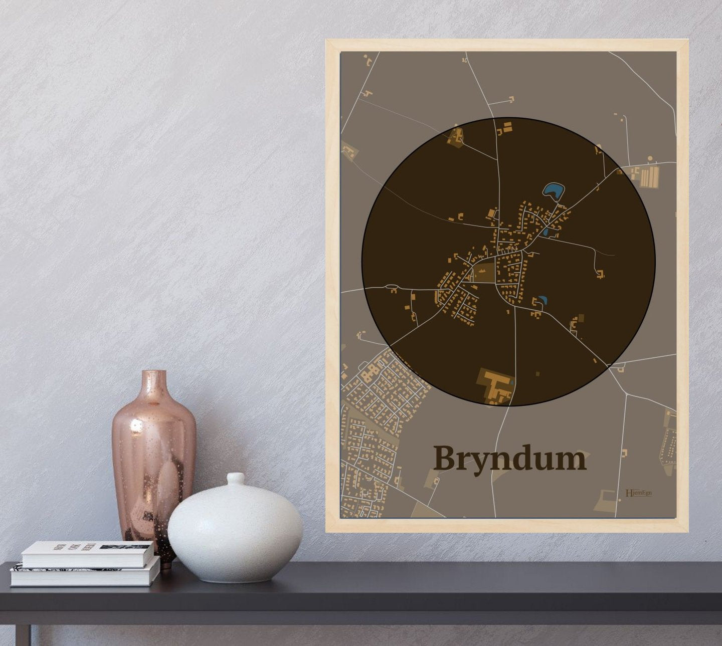 Bryndum plakat i farve  og HjemEgn.dk design centrum. Design bykort for Bryndum
