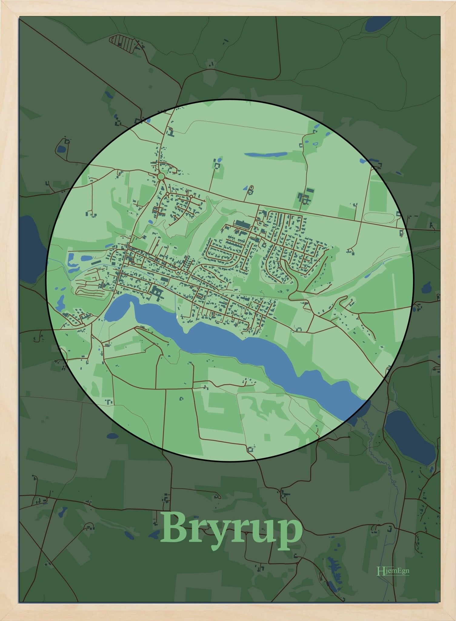 Bryrup plakat i farve pastel grøn og HjemEgn.dk design centrum. Design bykort for Bryrup