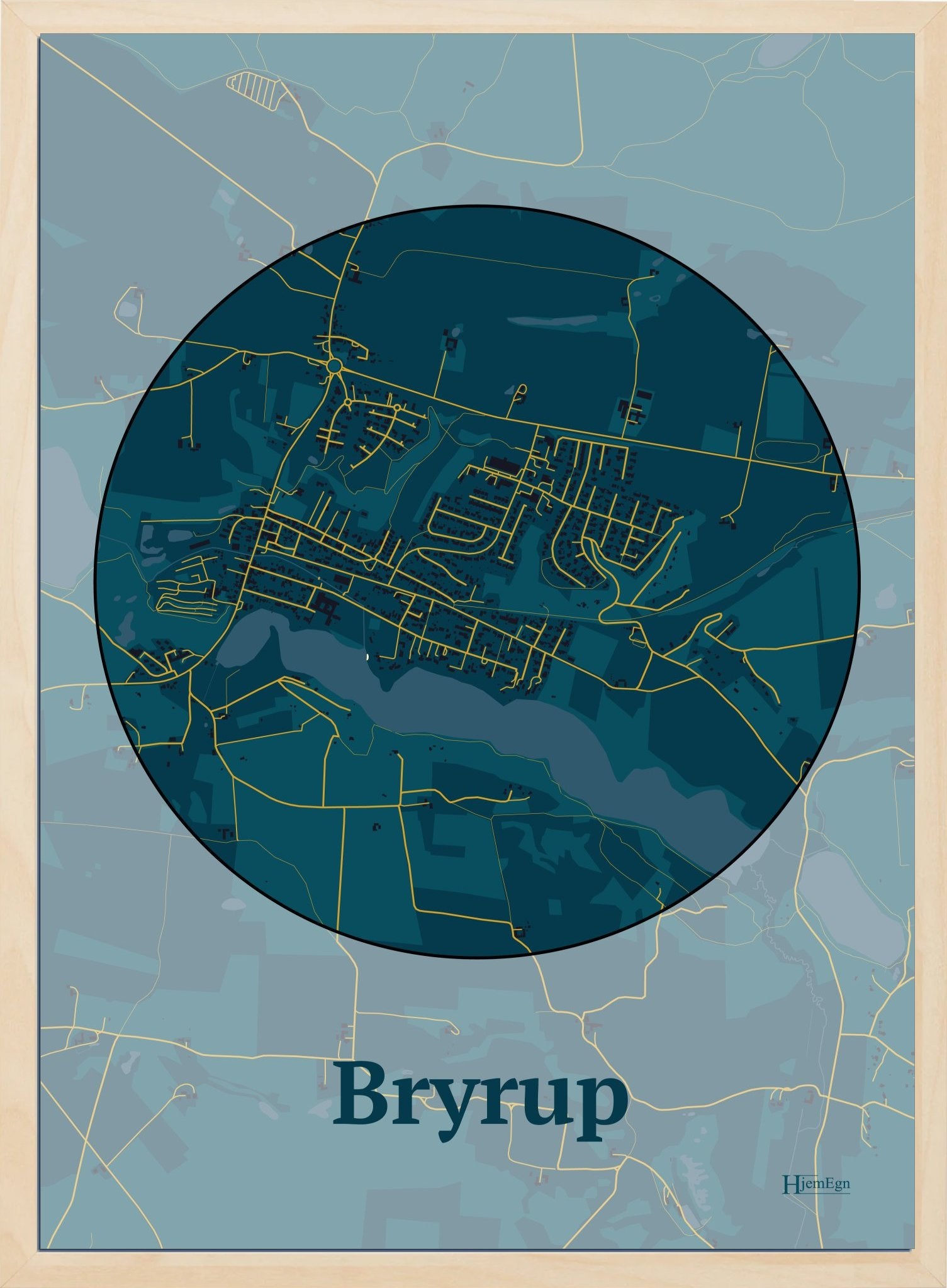 Bryrup plakat i farve mørk blå og HjemEgn.dk design centrum. Design bykort for Bryrup
