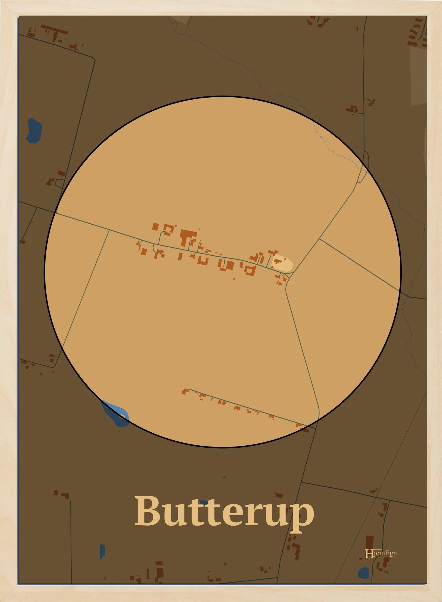 Butterup plakat i farve pastel brun og HjemEgn.dk design centrum. Design bykort for Butterup