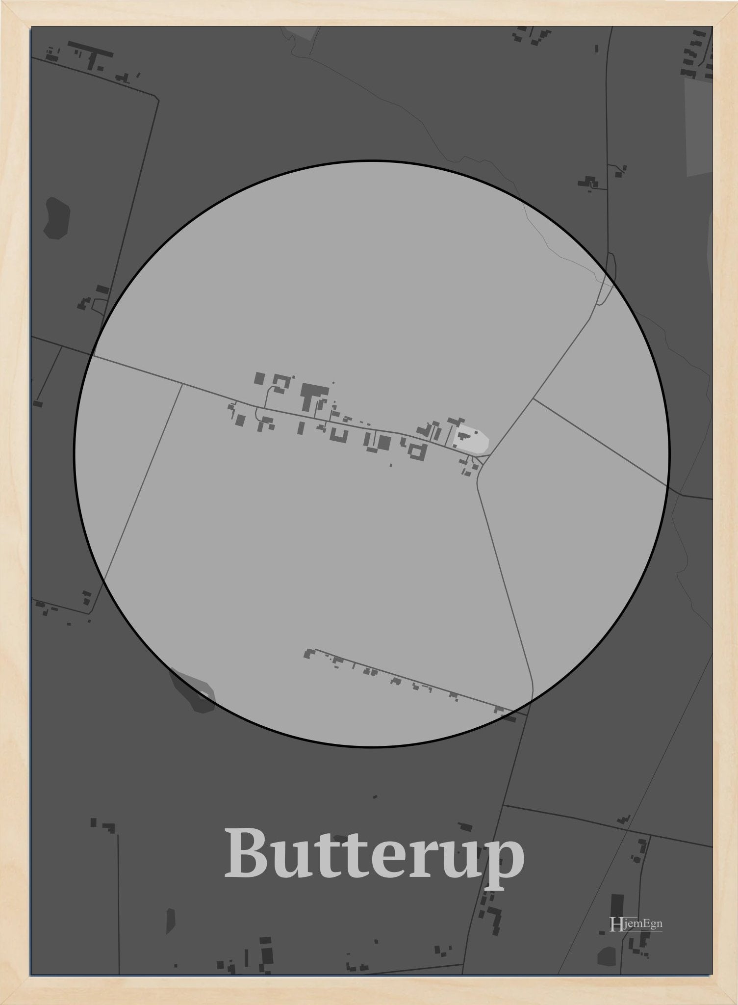 Butterup plakat i farve pastel grå og HjemEgn.dk design centrum. Design bykort for Butterup