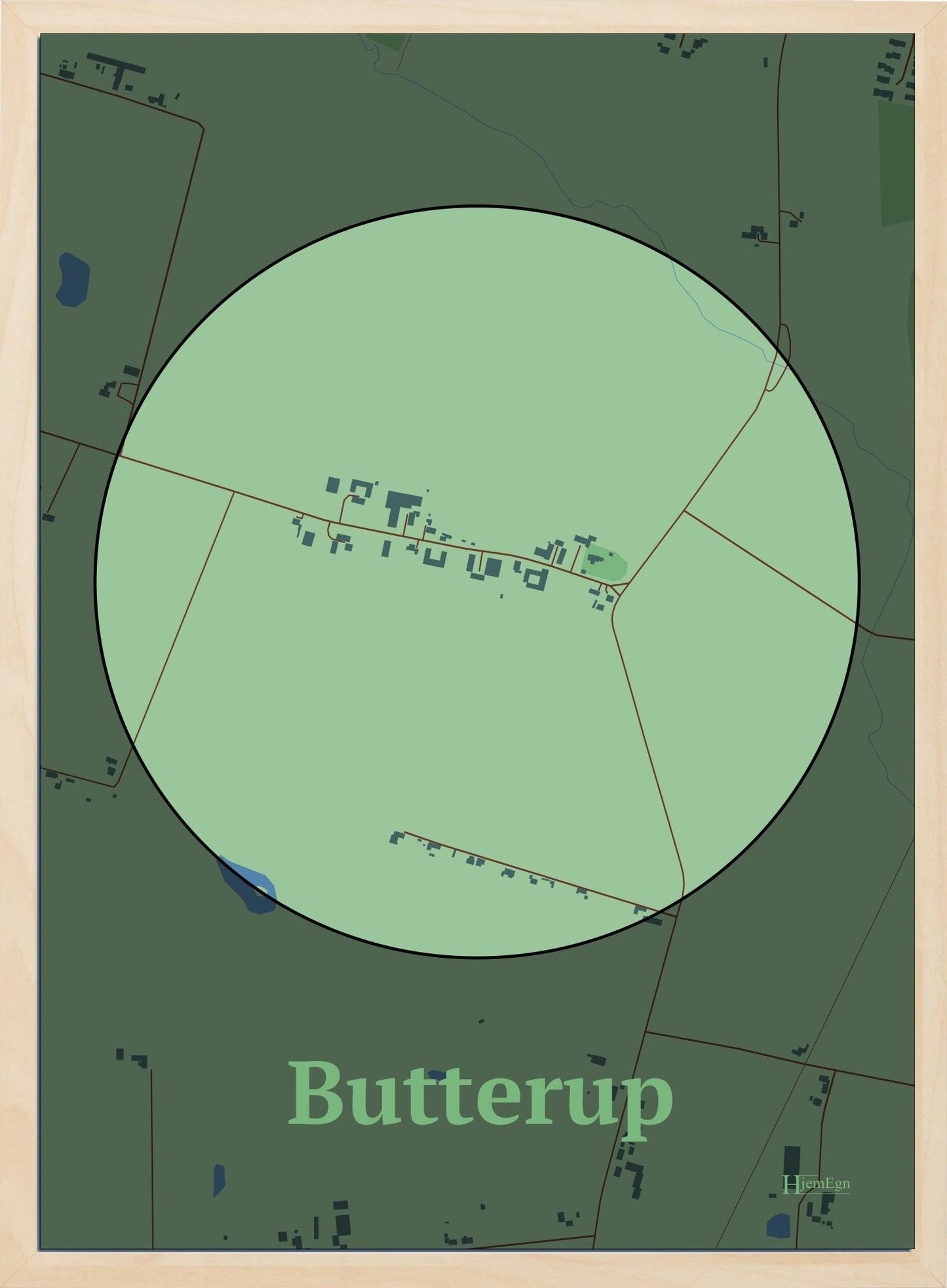 Butterup plakat i farve pastel grøn og HjemEgn.dk design centrum. Design bykort for Butterup