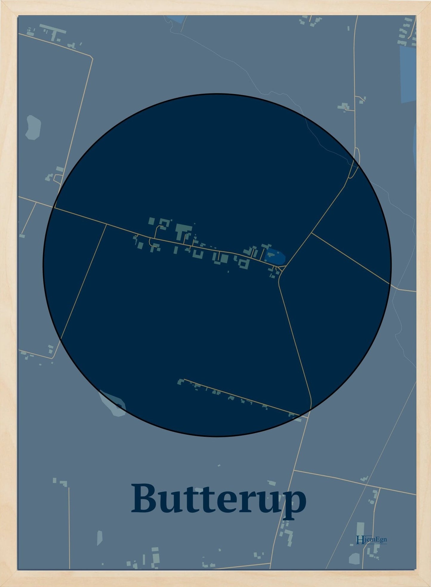 Butterup plakat i farve mørk blå og HjemEgn.dk design centrum. Design bykort for Butterup