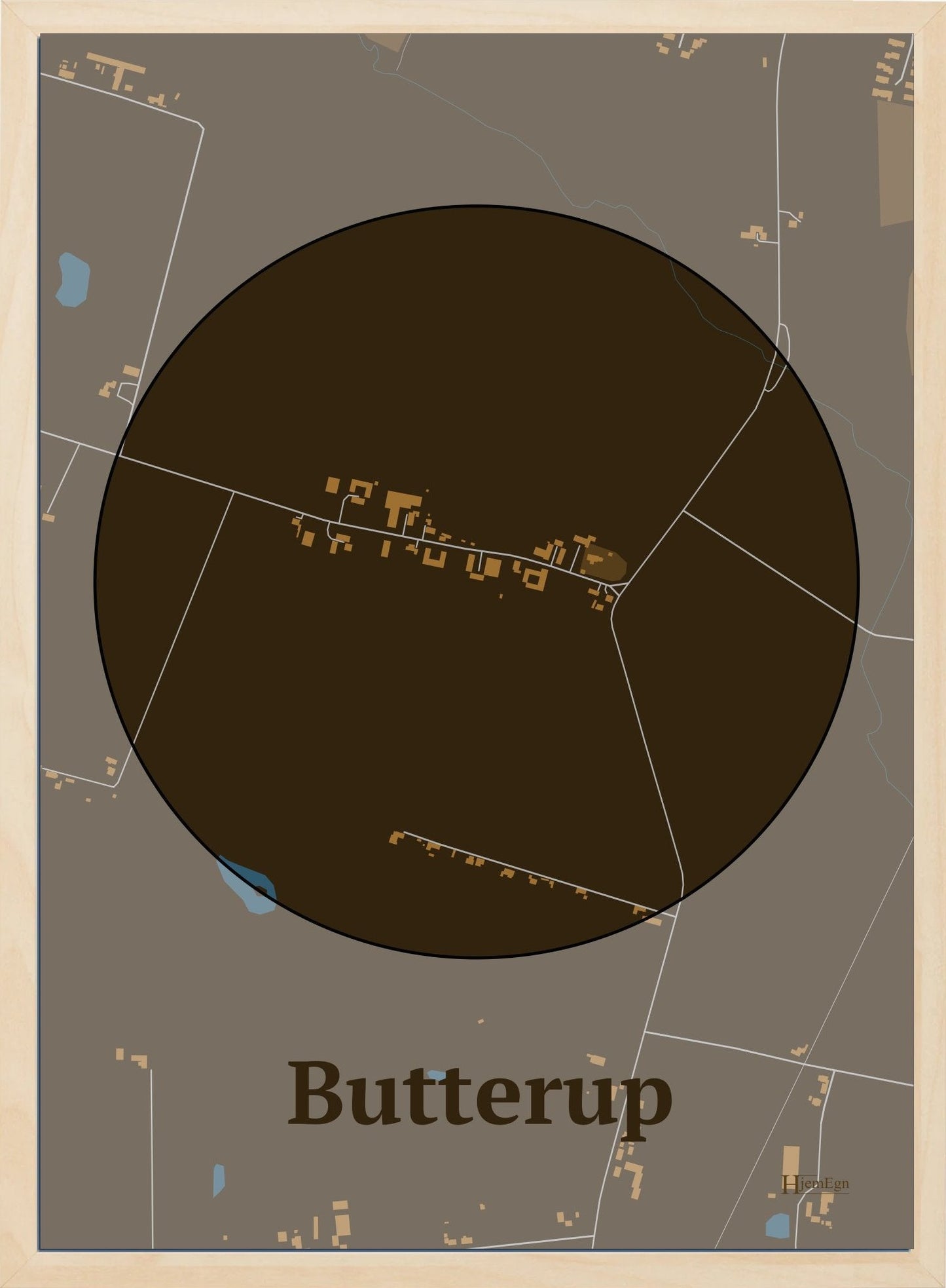 Butterup plakat i farve mørk brun og HjemEgn.dk design centrum. Design bykort for Butterup