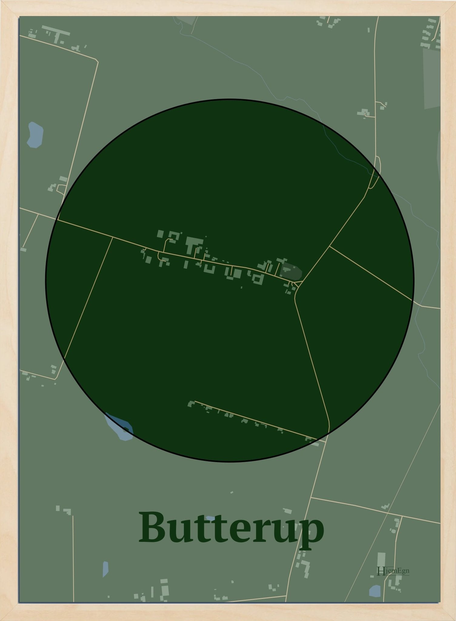 Butterup plakat i farve mørk grøn og HjemEgn.dk design centrum. Design bykort for Butterup