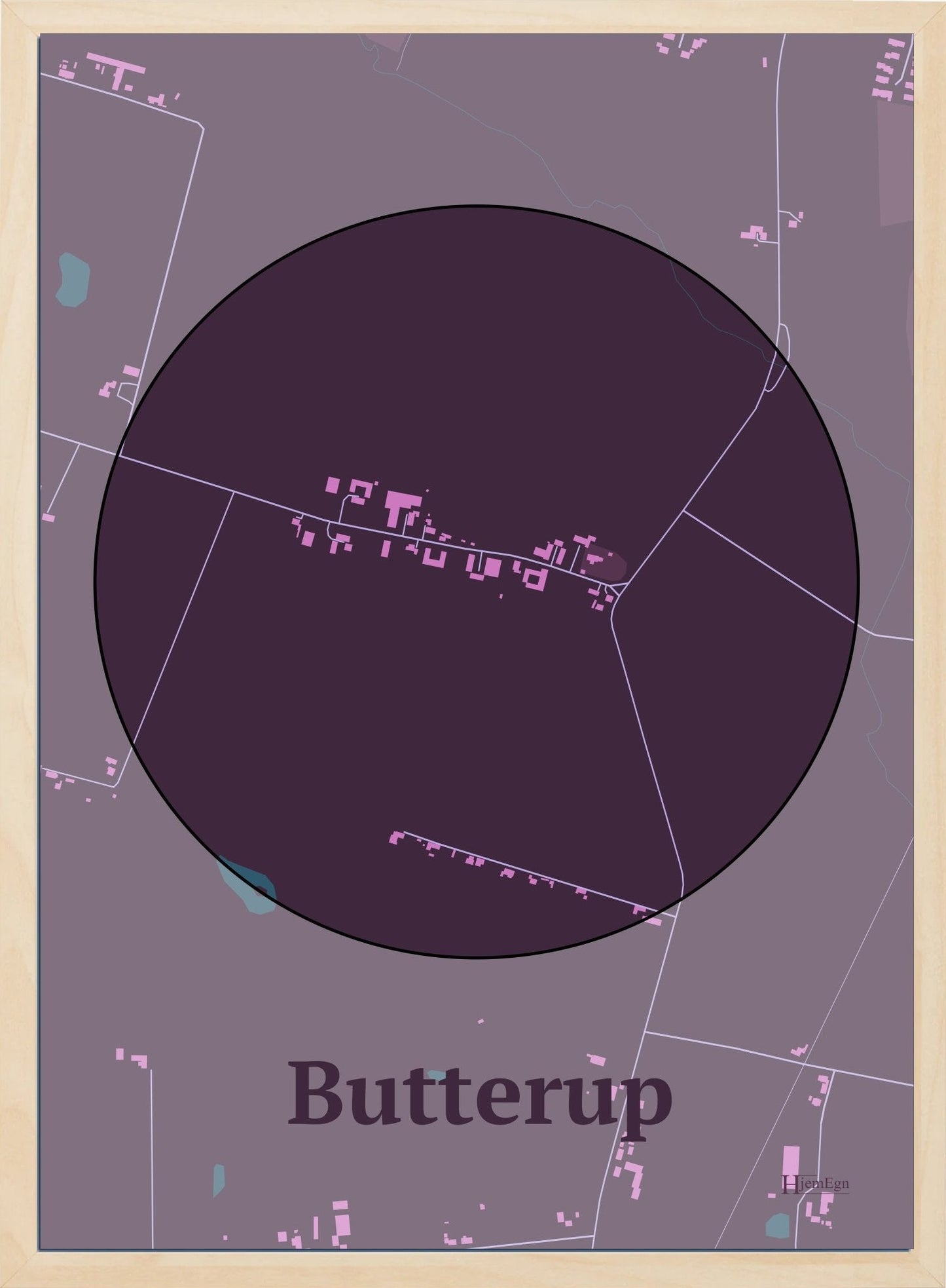 Butterup plakat i farve mørk rød og HjemEgn.dk design centrum. Design bykort for Butterup