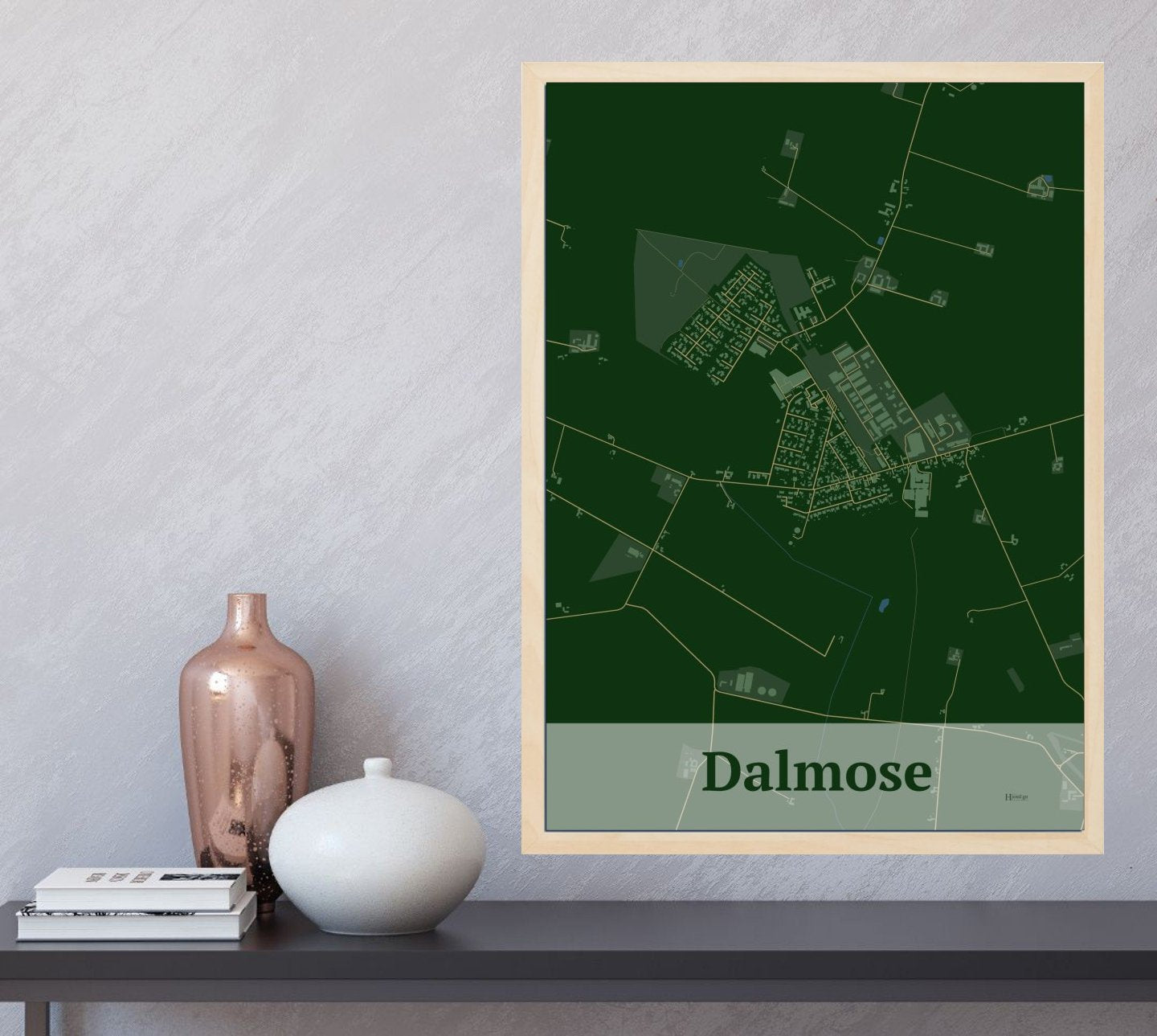 Dalmose plakat i farve  og HjemEgn.dk design firkantet. Design bykort for Dalmose