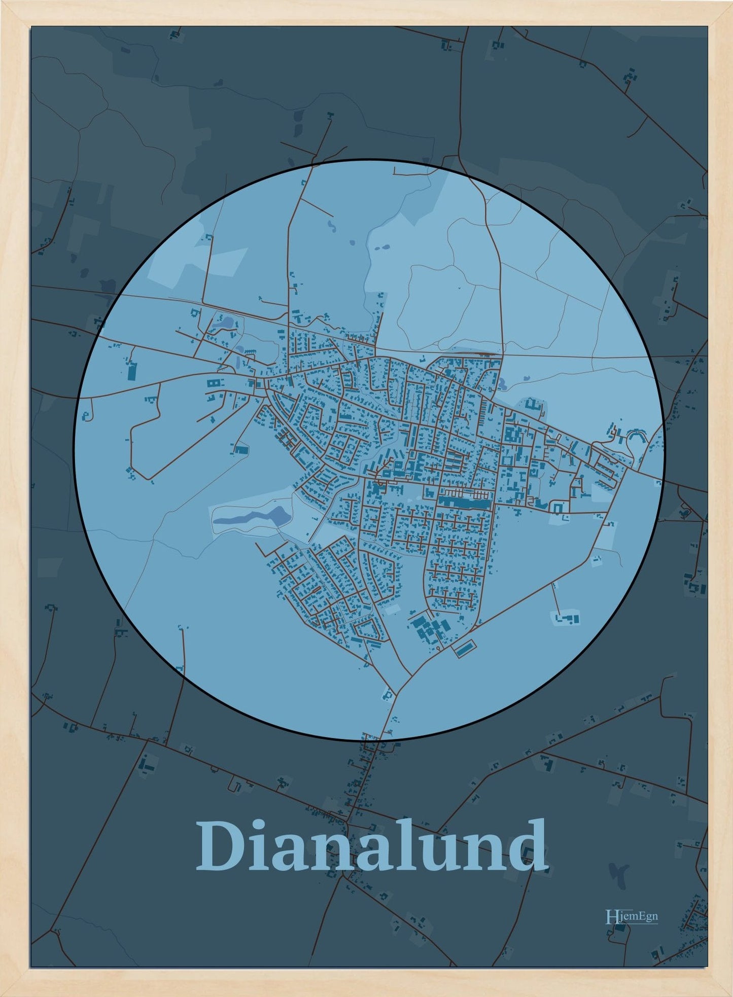 Dianalund plakat i farve pastel blå og HjemEgn.dk design centrum. Design bykort for Dianalund