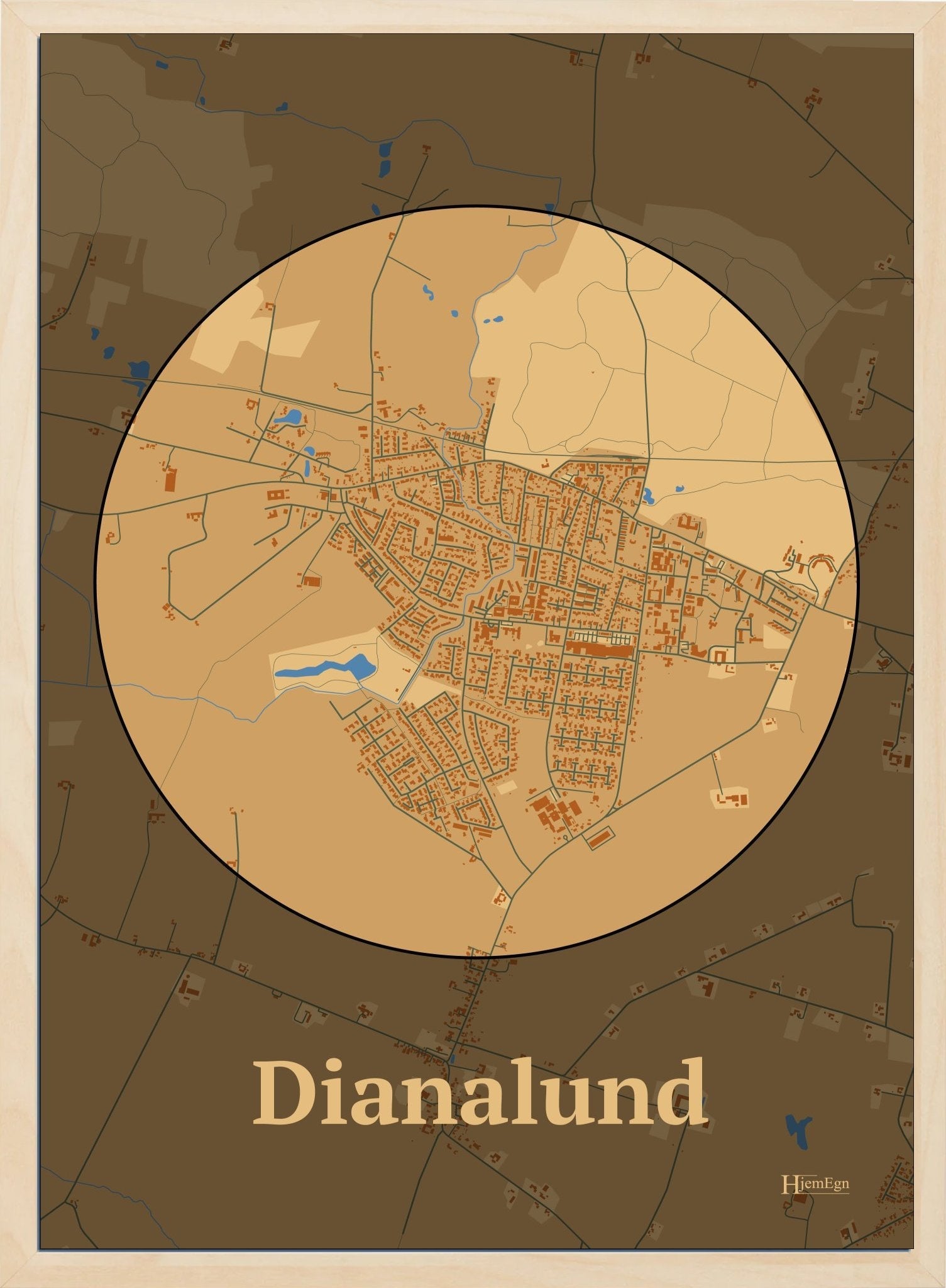 Dianalund plakat i farve pastel brun og HjemEgn.dk design centrum. Design bykort for Dianalund