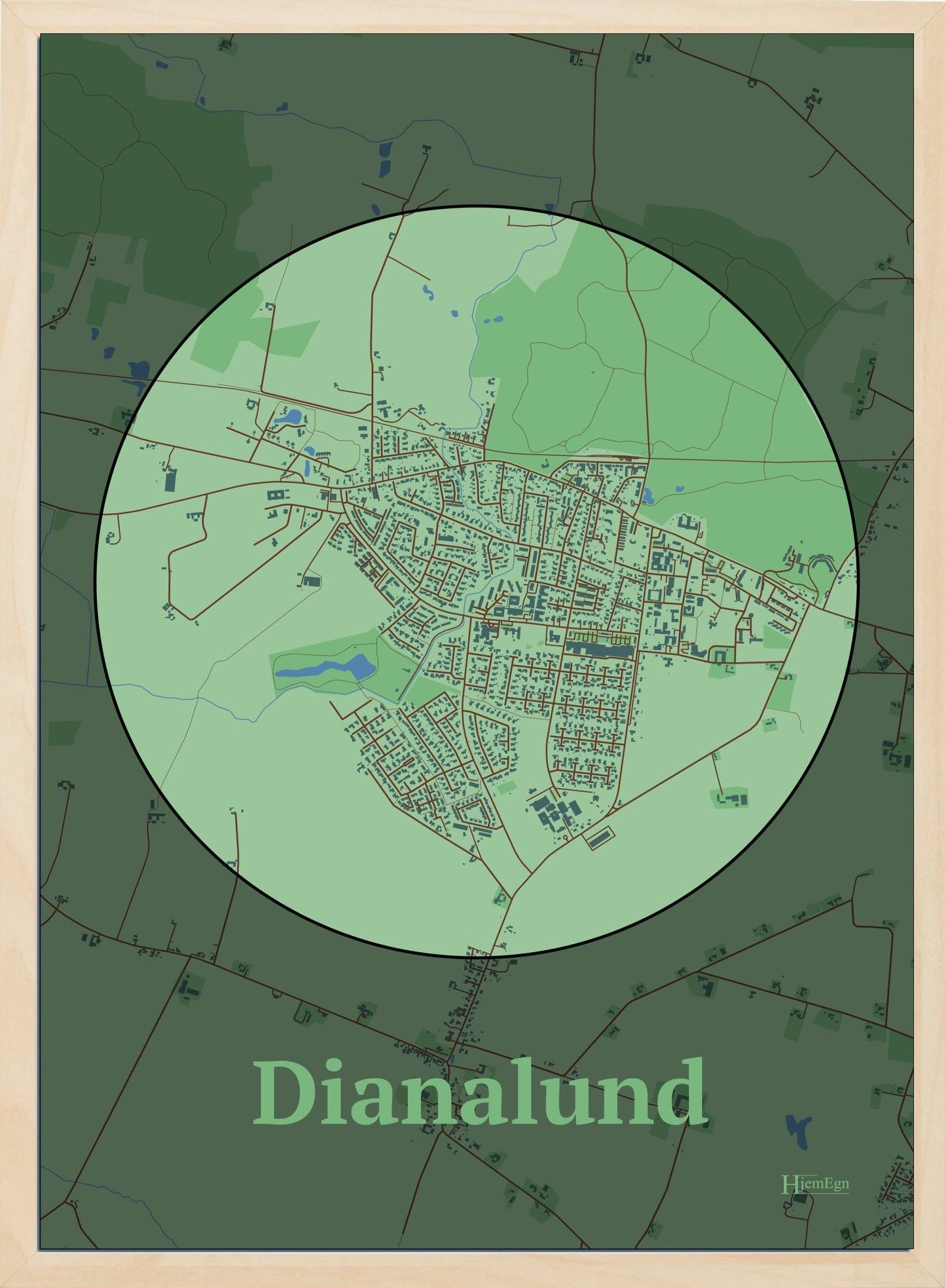 Dianalund plakat i farve pastel grøn og HjemEgn.dk design centrum. Design bykort for Dianalund