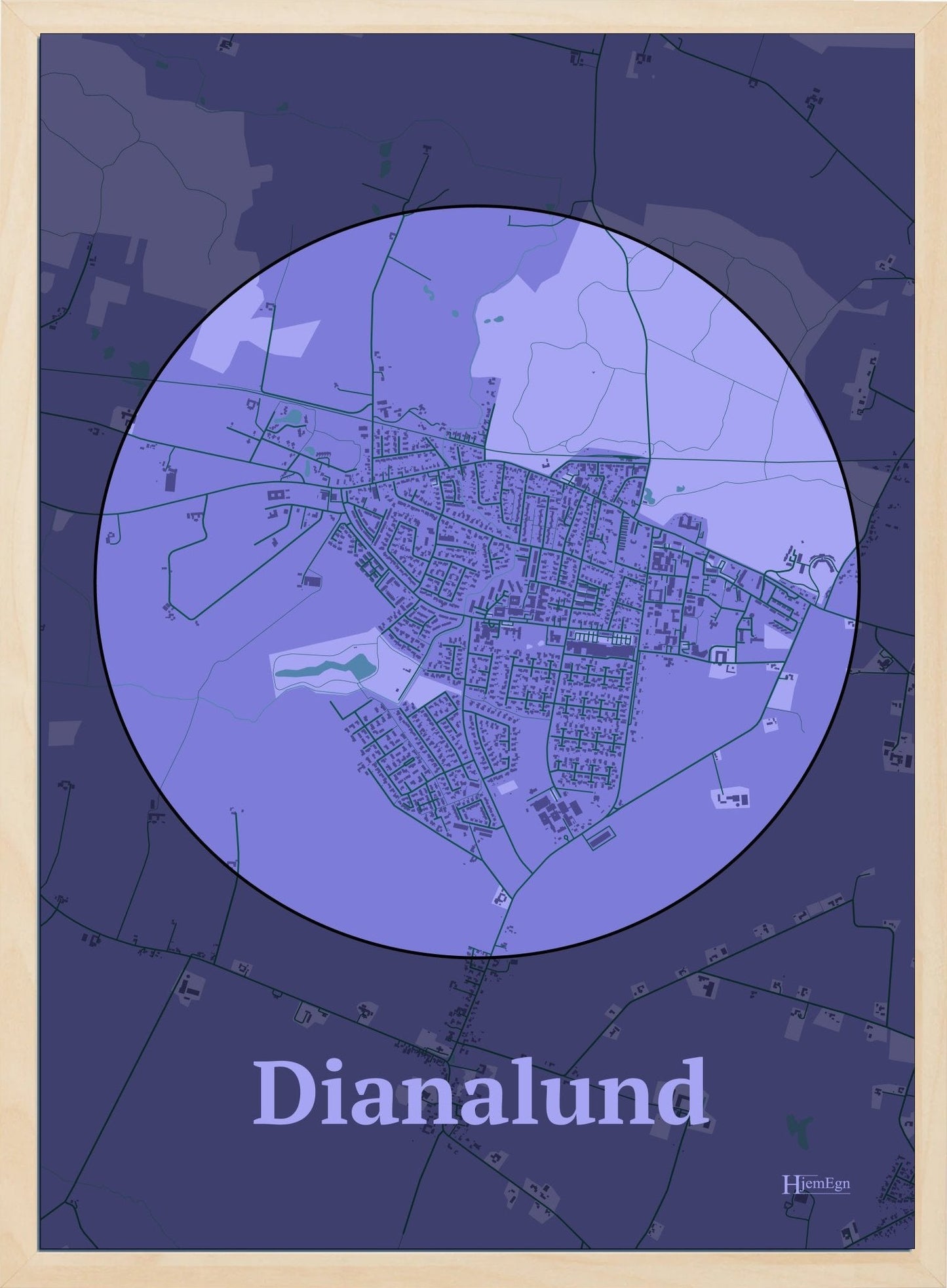 Dianalund plakat i farve pastel lilla og HjemEgn.dk design centrum. Design bykort for Dianalund