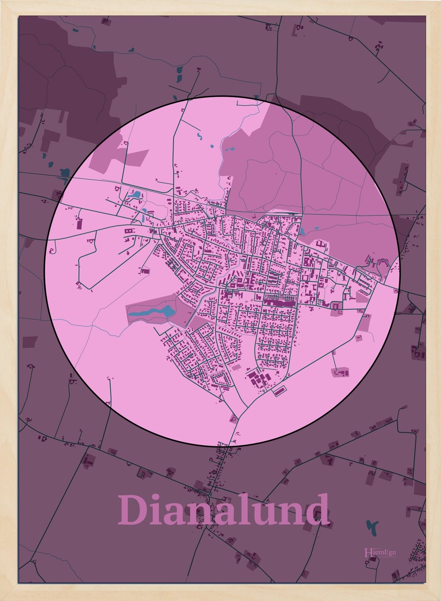 Dianalund plakat i farve pastel rød og HjemEgn.dk design centrum. Design bykort for Dianalund