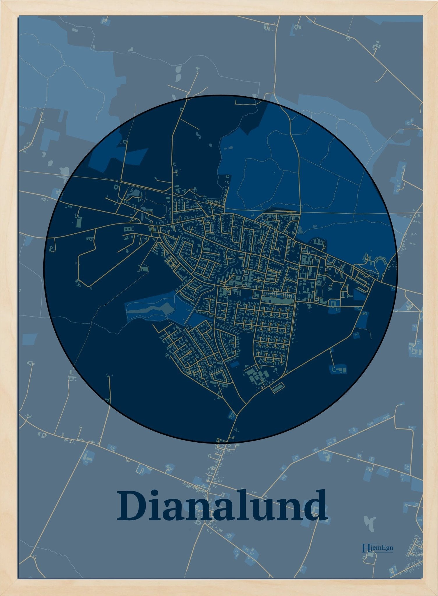 Dianalund plakat i farve mørk blå og HjemEgn.dk design centrum. Design bykort for Dianalund