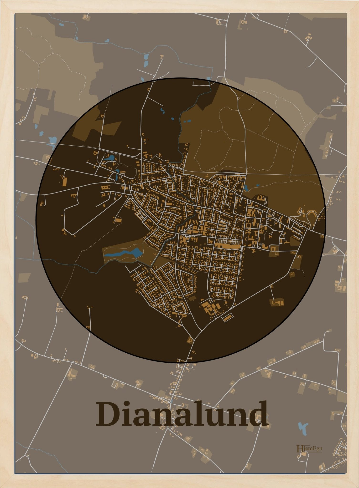 Dianalund plakat i farve mørk brun og HjemEgn.dk design centrum. Design bykort for Dianalund
