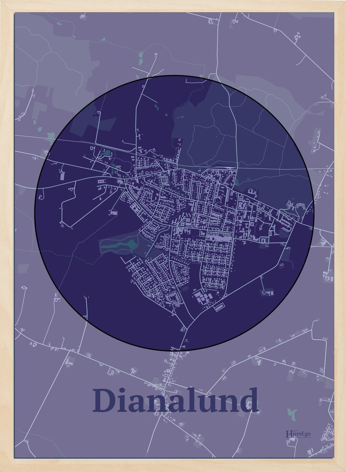 Dianalund plakat i farve mørk lilla og HjemEgn.dk design centrum. Design bykort for Dianalund