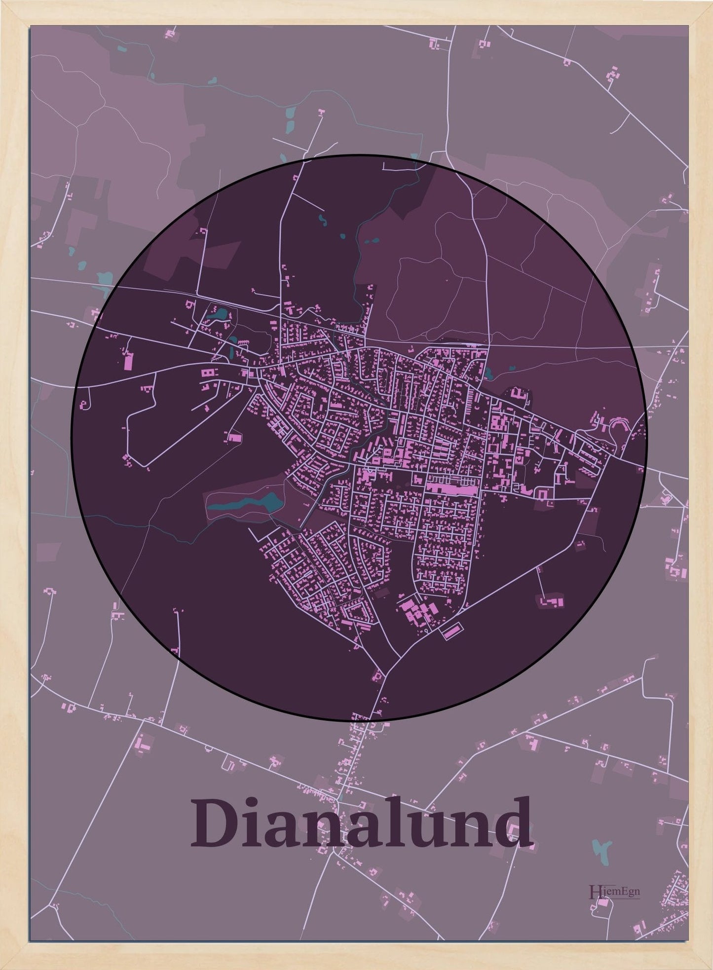 Dianalund plakat i farve mørk rød og HjemEgn.dk design centrum. Design bykort for Dianalund