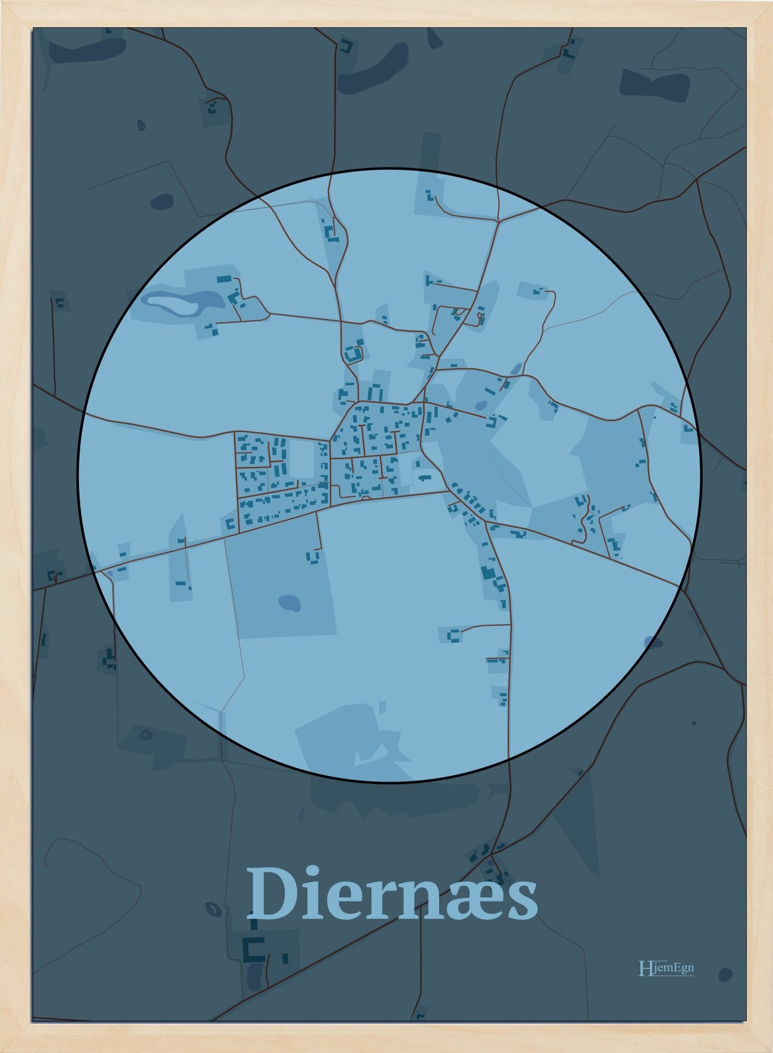 Diernæs plakat i farve pastel blå og HjemEgn.dk design centrum. Design bykort for Diernæs