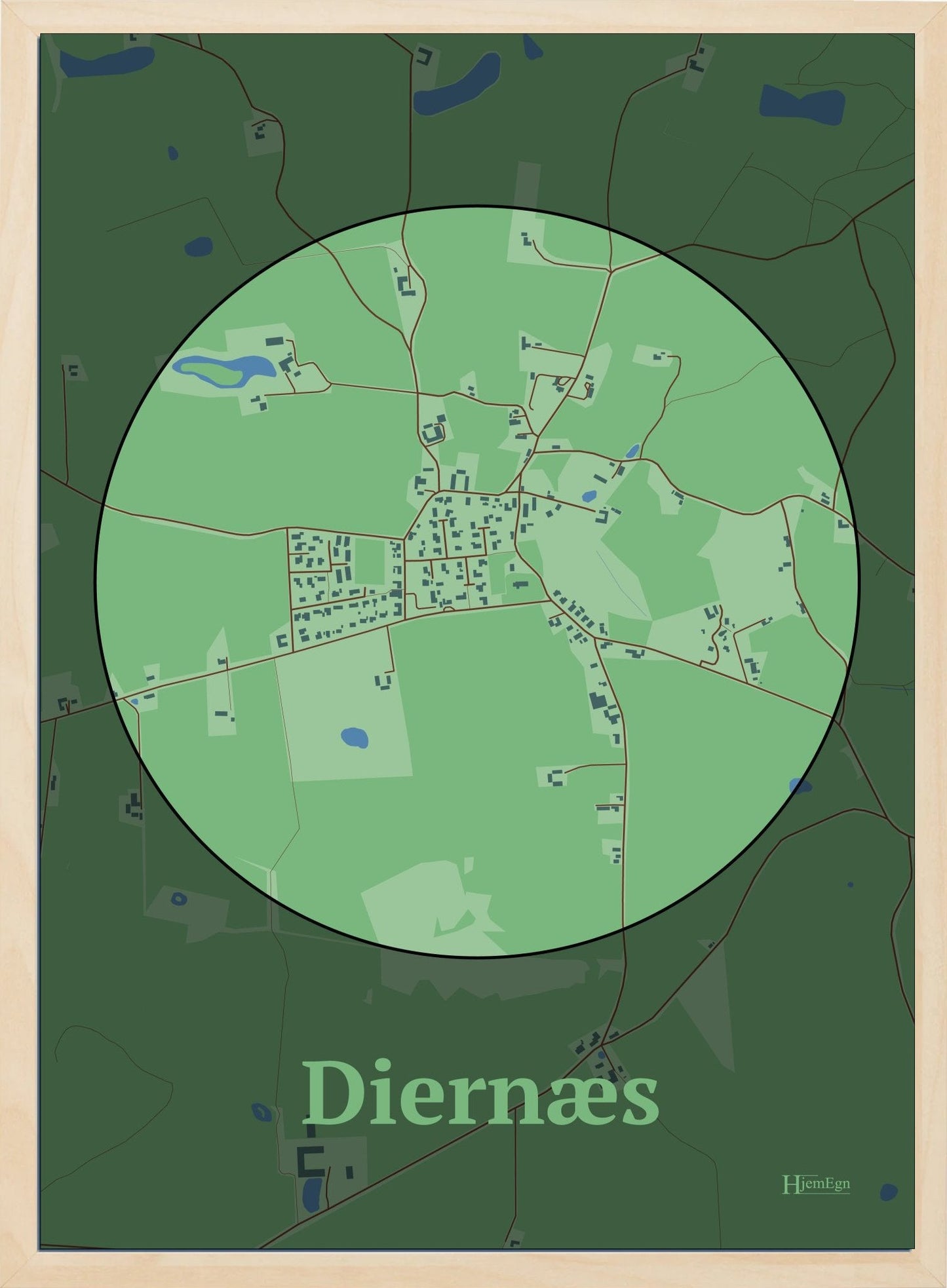Diernæs plakat i farve pastel grøn og HjemEgn.dk design centrum. Design bykort for Diernæs