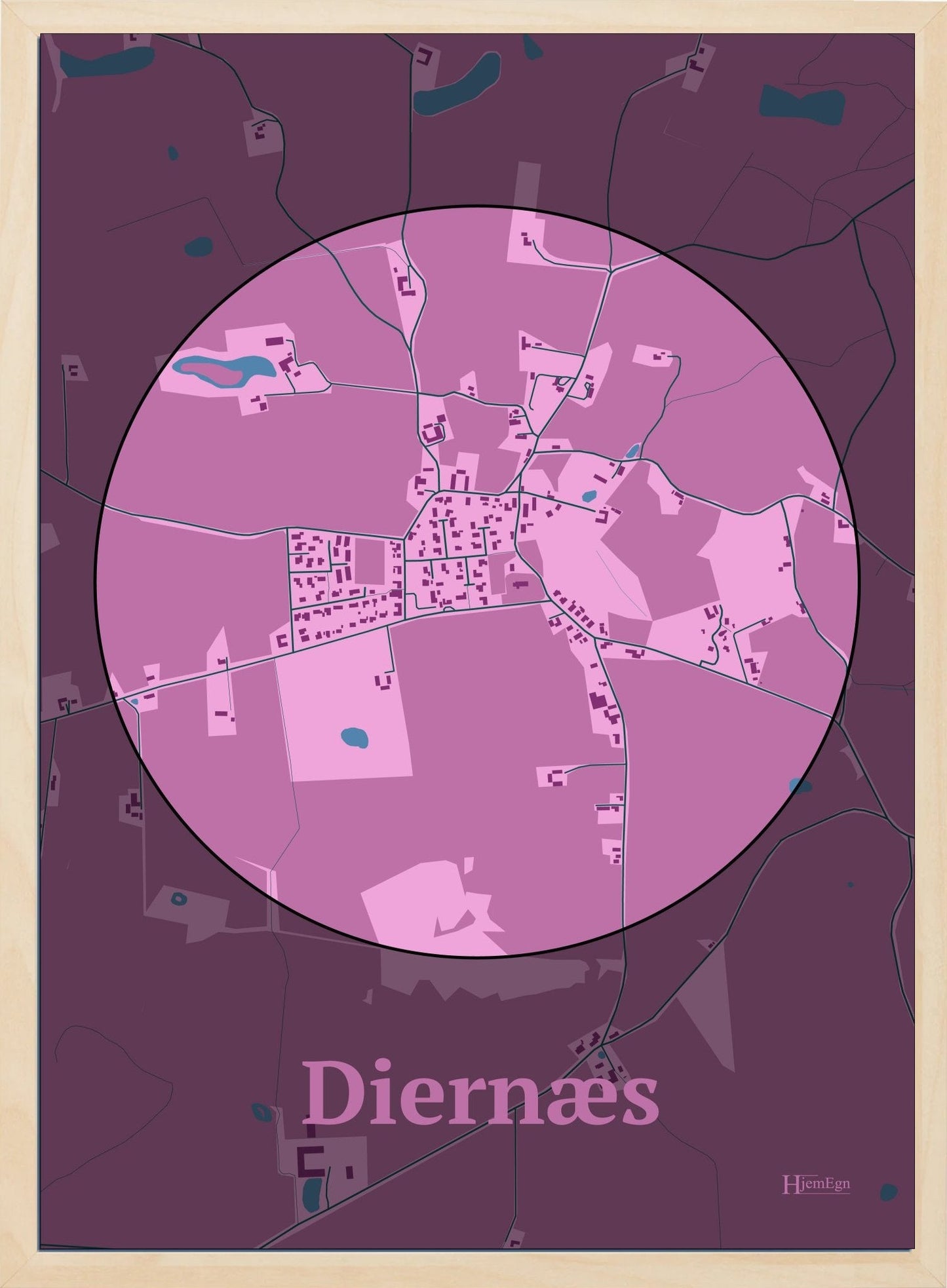 Diernæs plakat i farve pastel rød og HjemEgn.dk design centrum. Design bykort for Diernæs