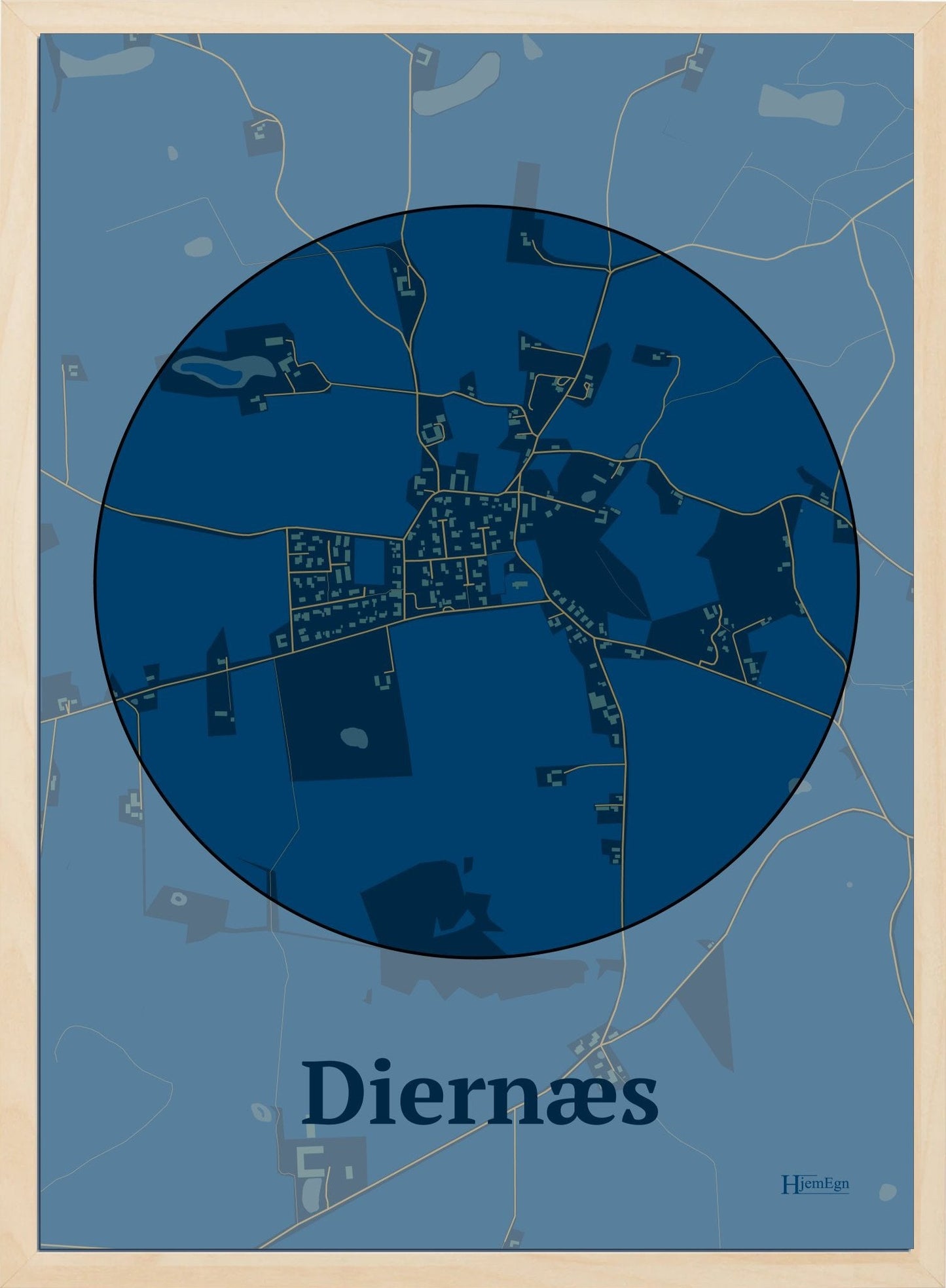 Diernæs plakat i farve mørk blå og HjemEgn.dk design centrum. Design bykort for Diernæs