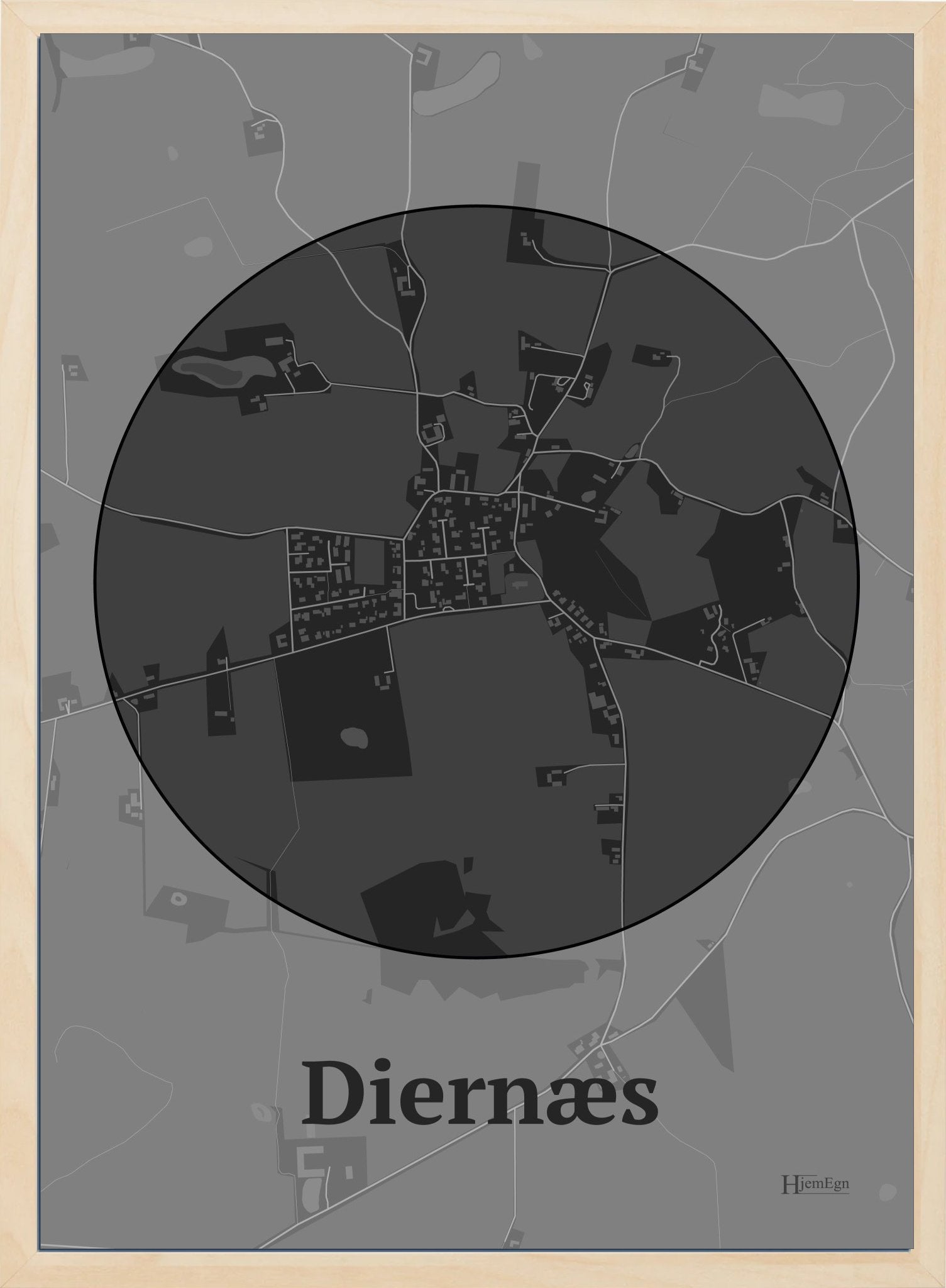 Diernæs plakat i farve mørk grå og HjemEgn.dk design centrum. Design bykort for Diernæs
