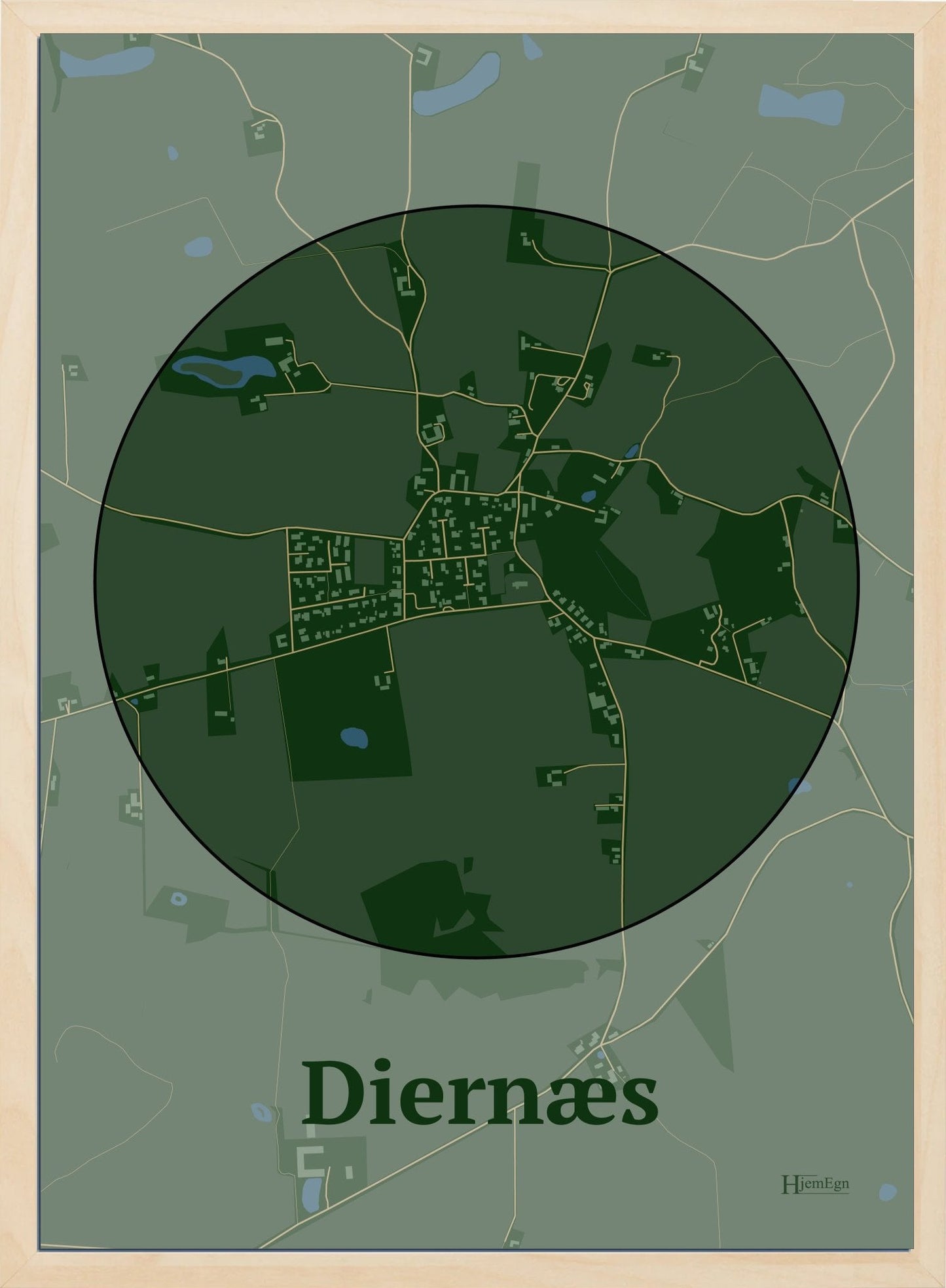 Diernæs plakat i farve mørk grøn og HjemEgn.dk design centrum. Design bykort for Diernæs