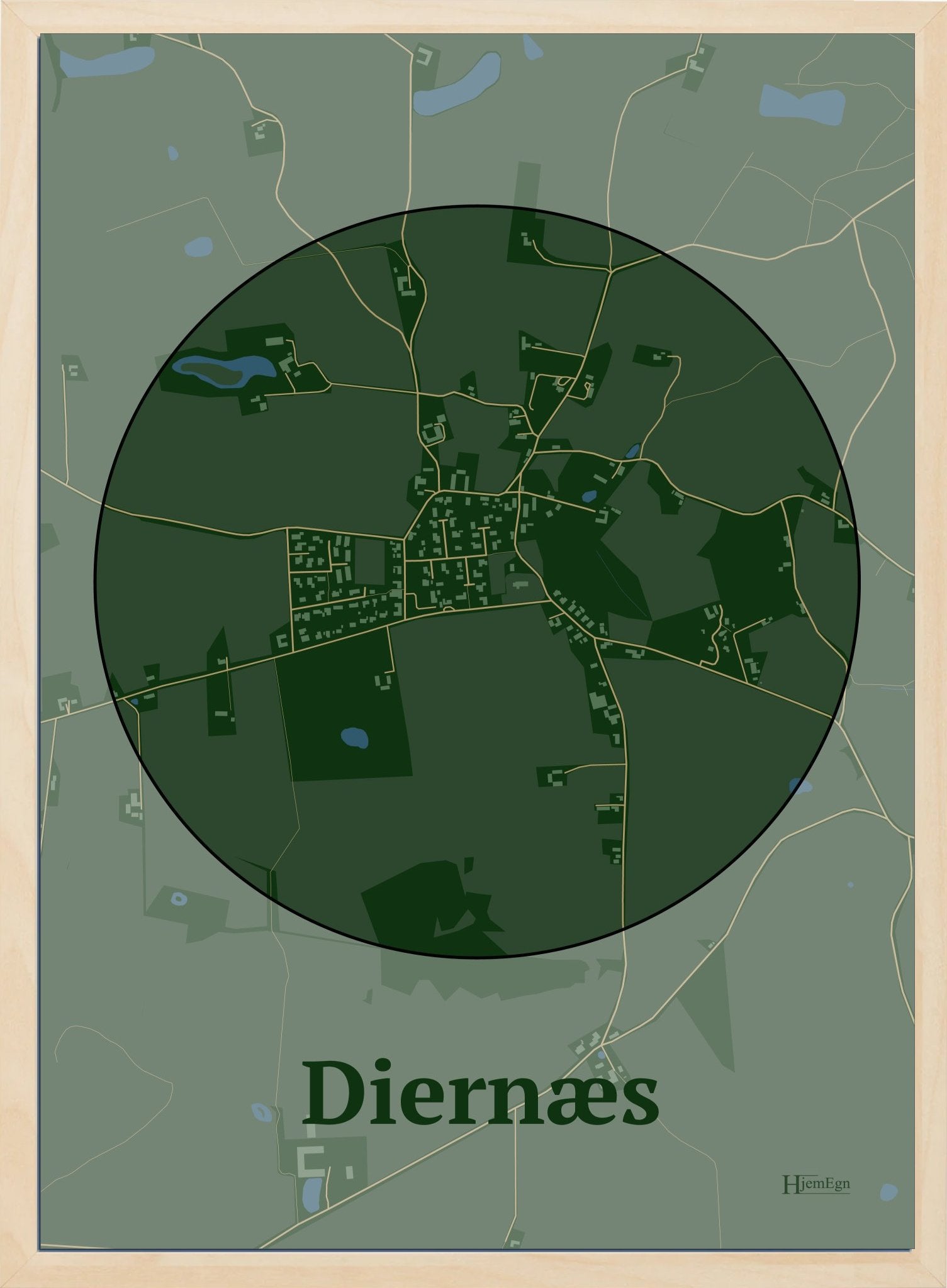 Diernæs plakat i farve mørk grøn og HjemEgn.dk design centrum. Design bykort for Diernæs