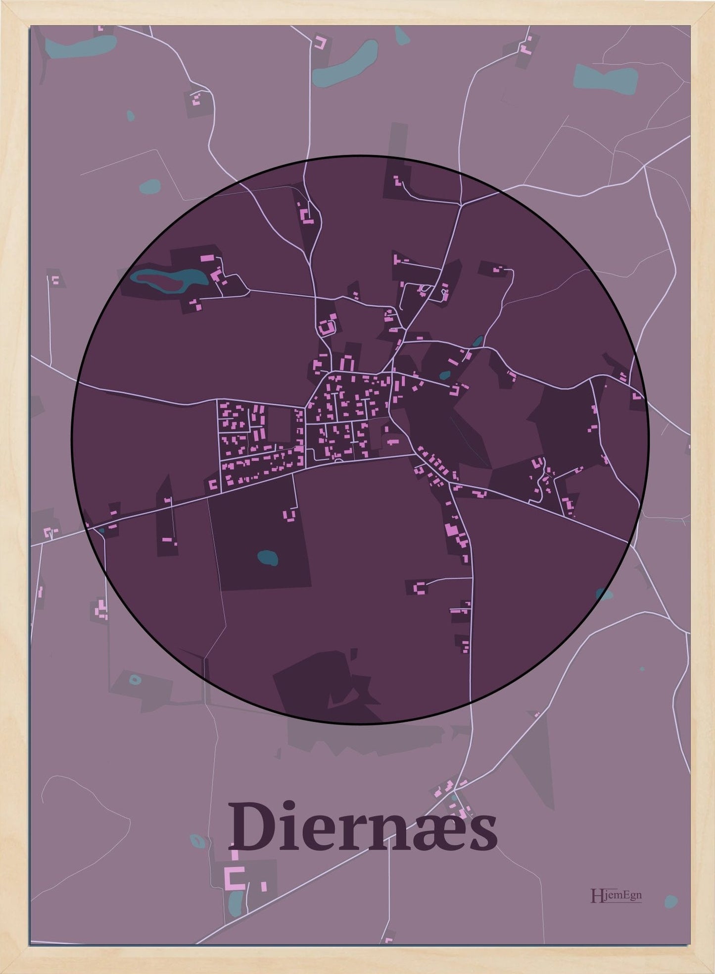 Diernæs plakat i farve mørk rød og HjemEgn.dk design centrum. Design bykort for Diernæs