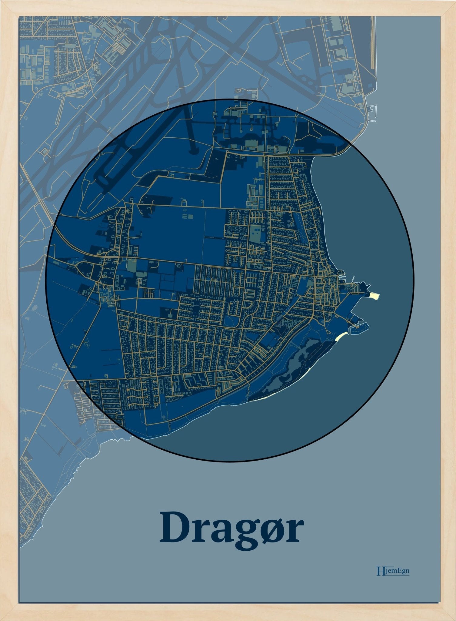 Dragør plakat i farve mørk blå og HjemEgn.dk design centrum. Design bykort for Dragør