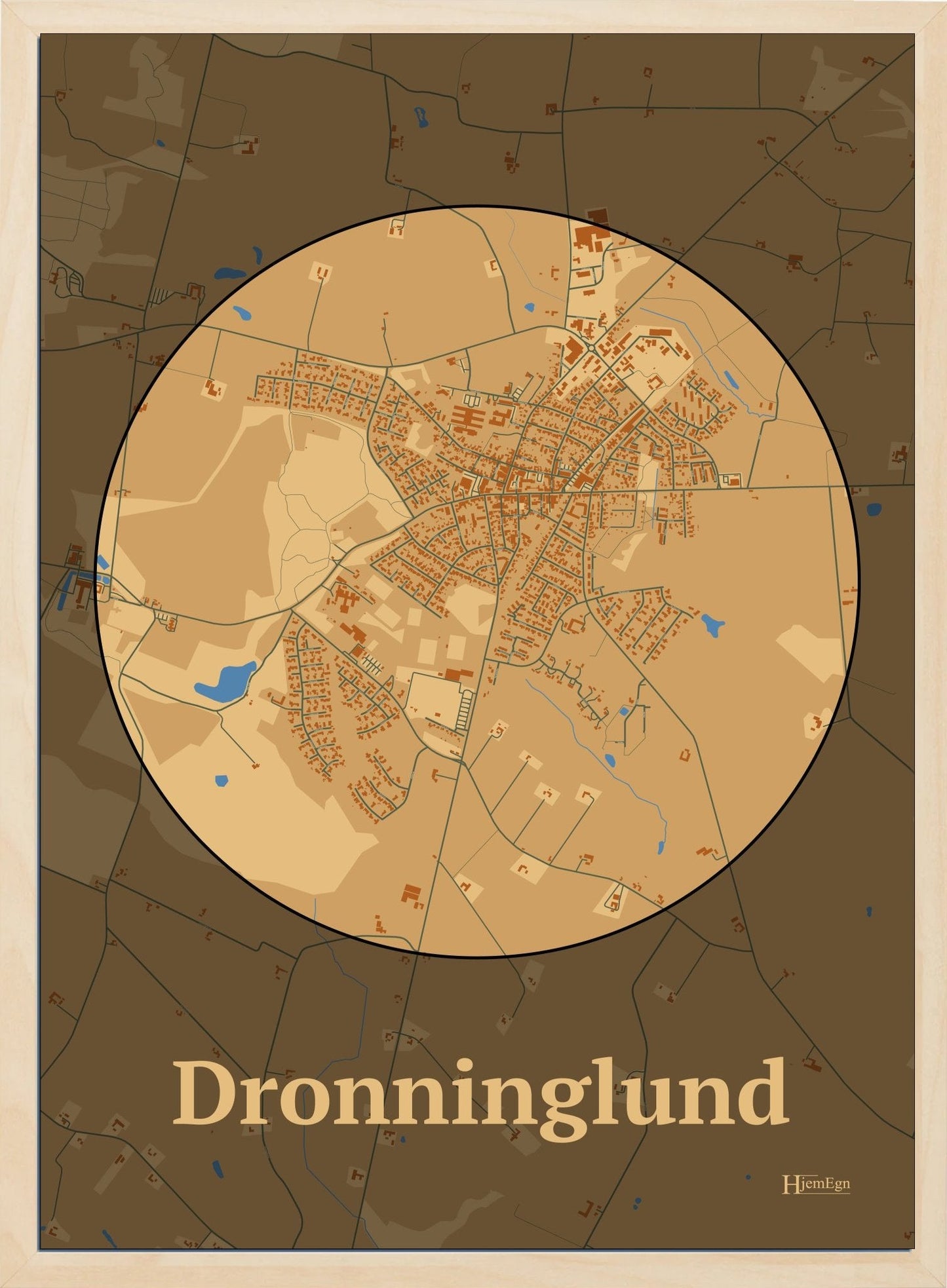 Dronninglund plakat i farve pastel brun og HjemEgn.dk design centrum. Design bykort for Dronninglund